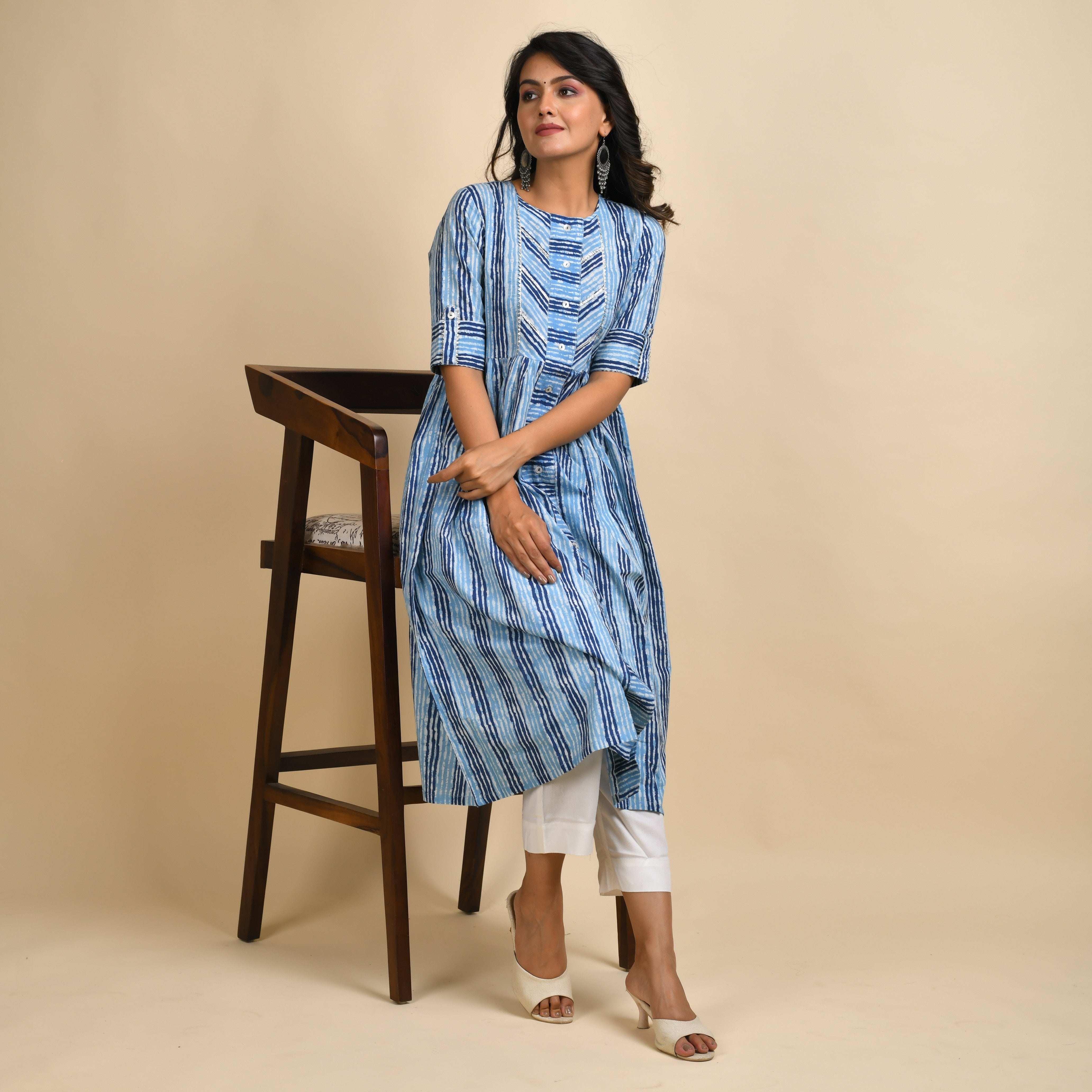 Rangdeep Indigo Stripes Calf length Cotton Kurti