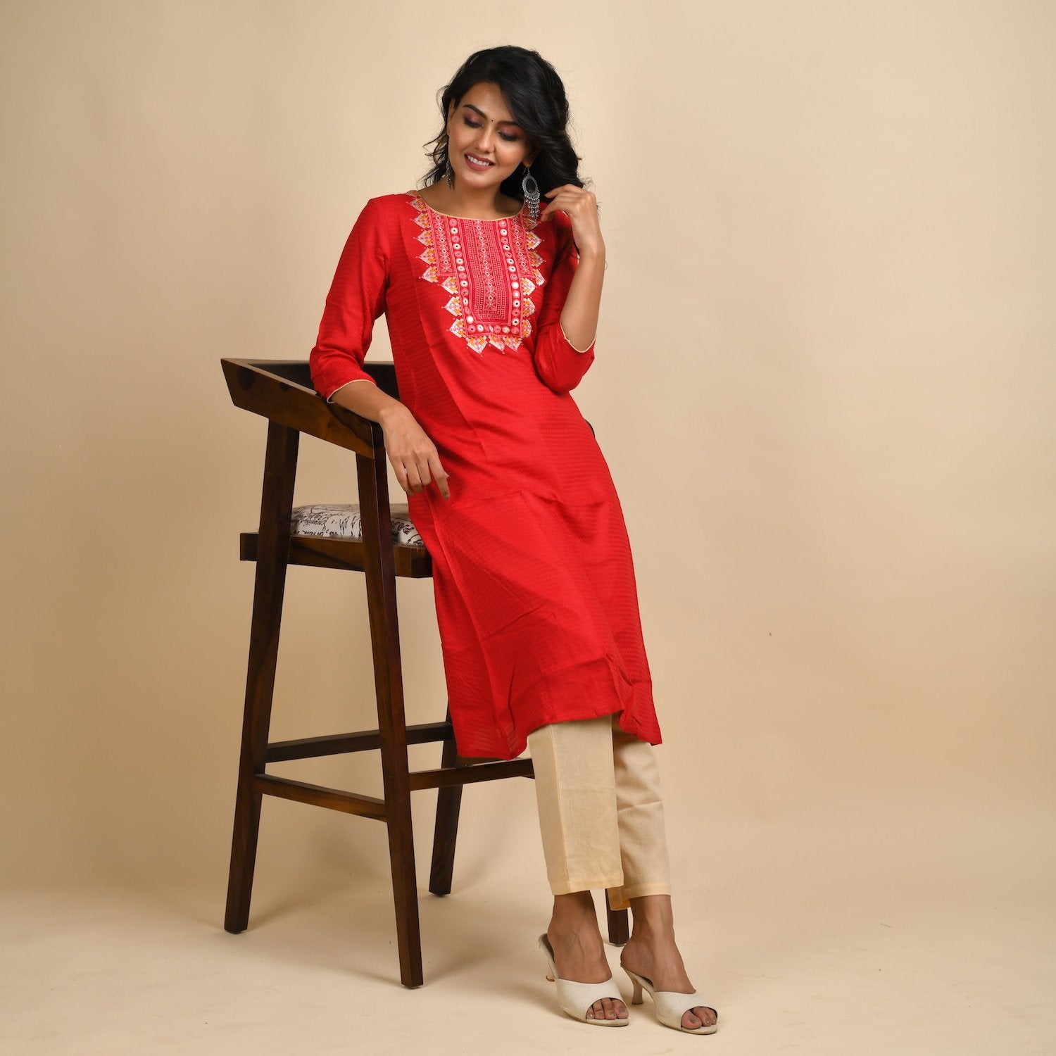 RangDeep Women Rayon Red Embroidered Straight Kurti