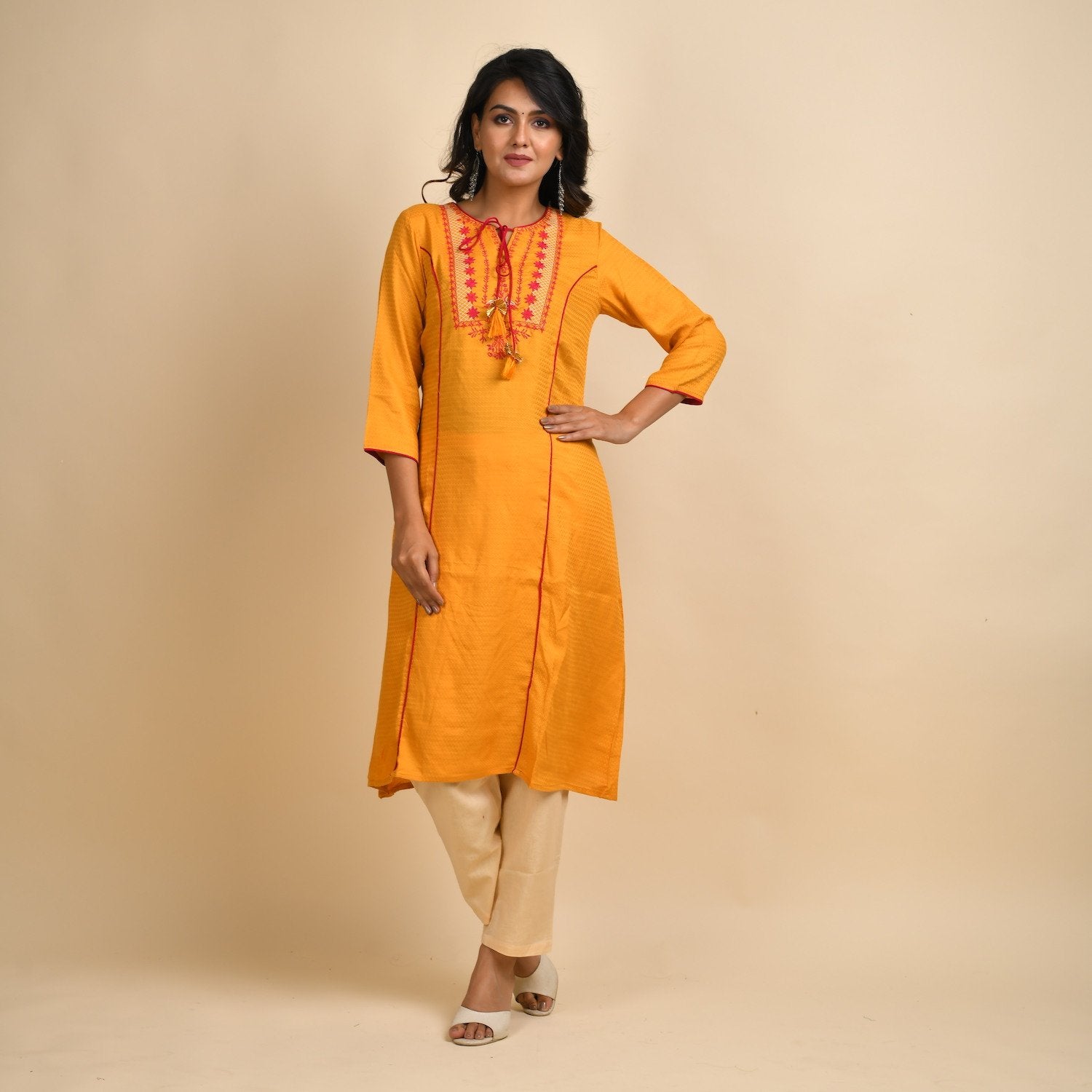 RangDeep Women Rayon Yellow Embroidered Straight Kurti