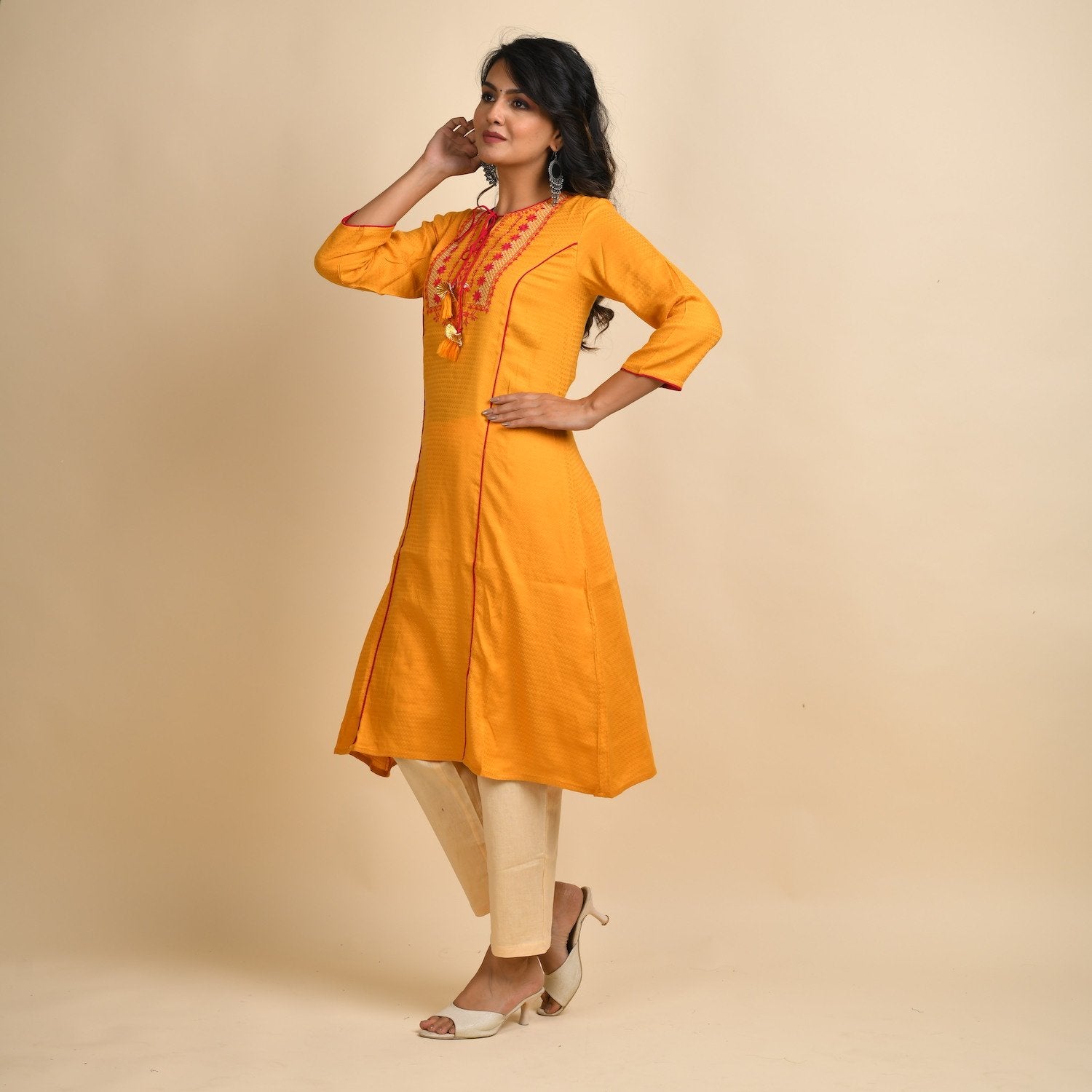 RangDeep Women Rayon Yellow Embroidered Straight Kurti