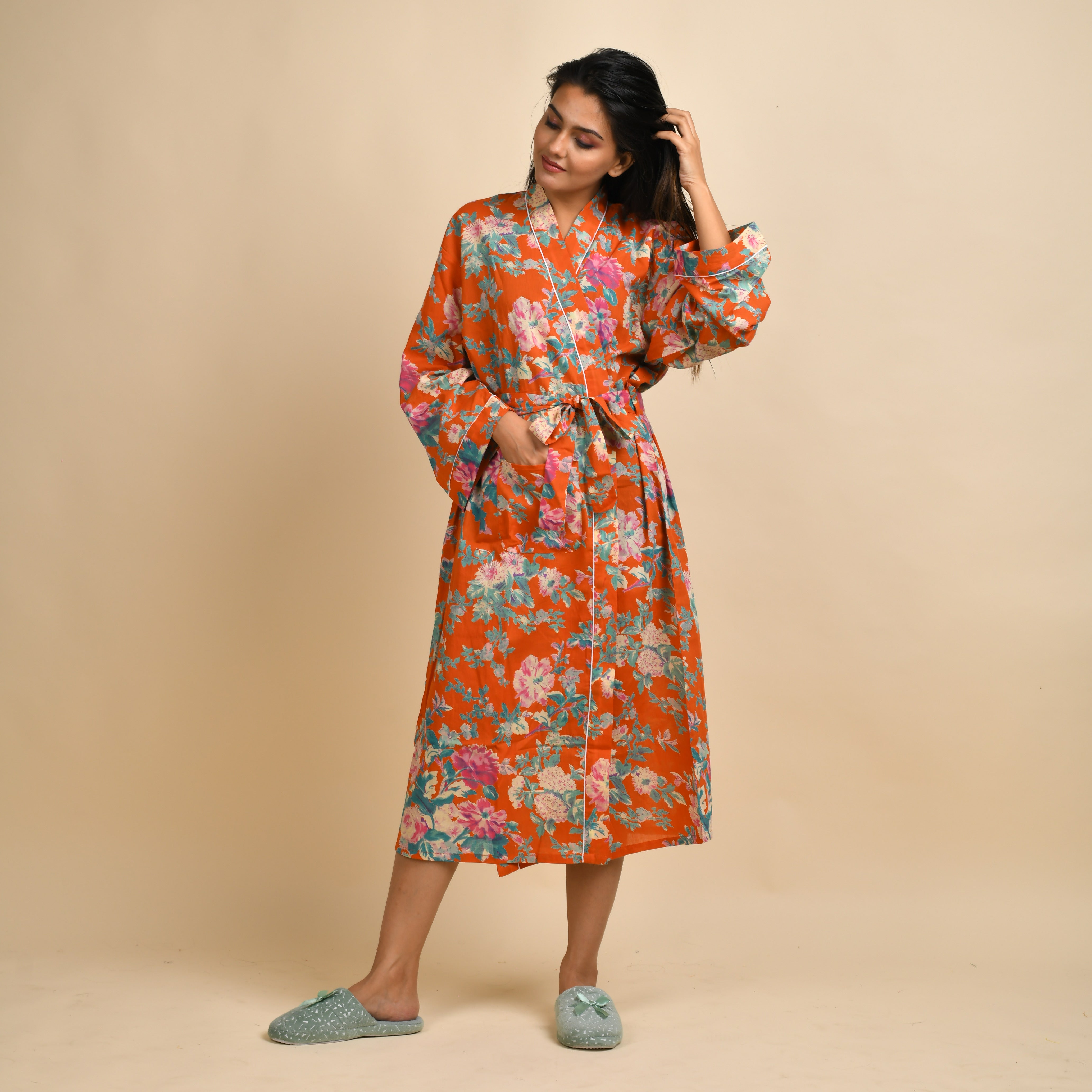 Orange Pure Cotton Hand printed kimono robe