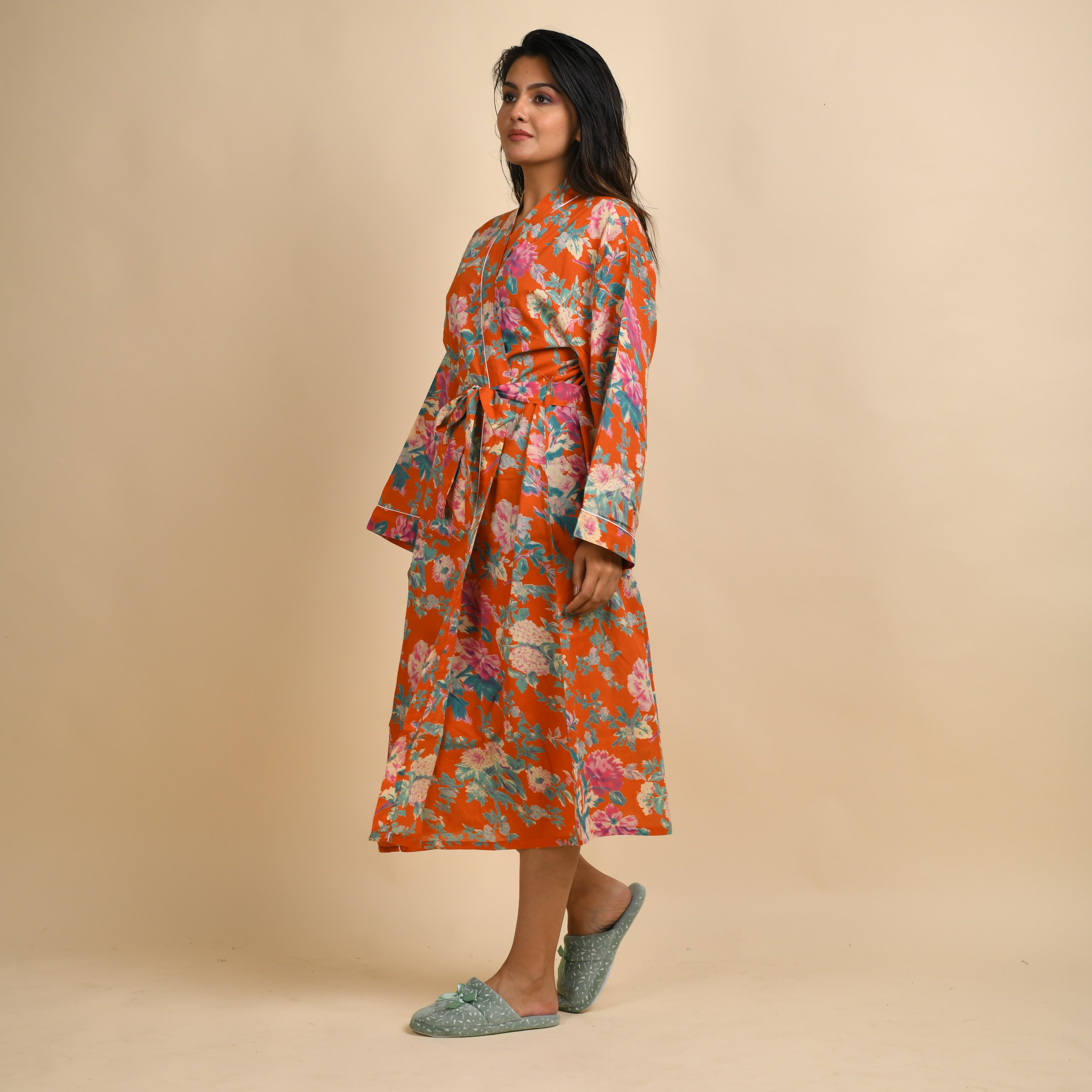 Orange Pure Cotton Hand printed kimono robe