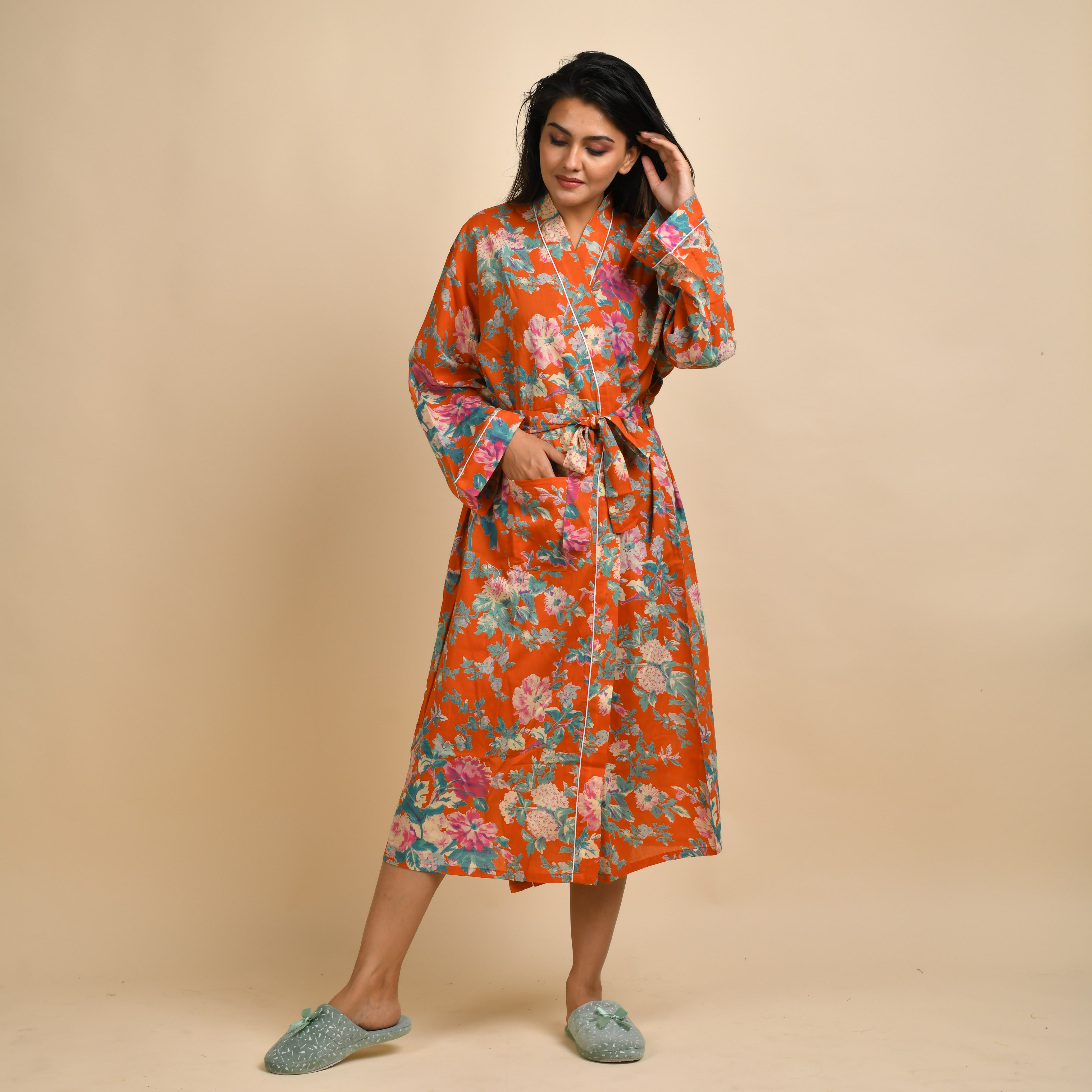 Orange Pure Cotton Hand printed kimono robe