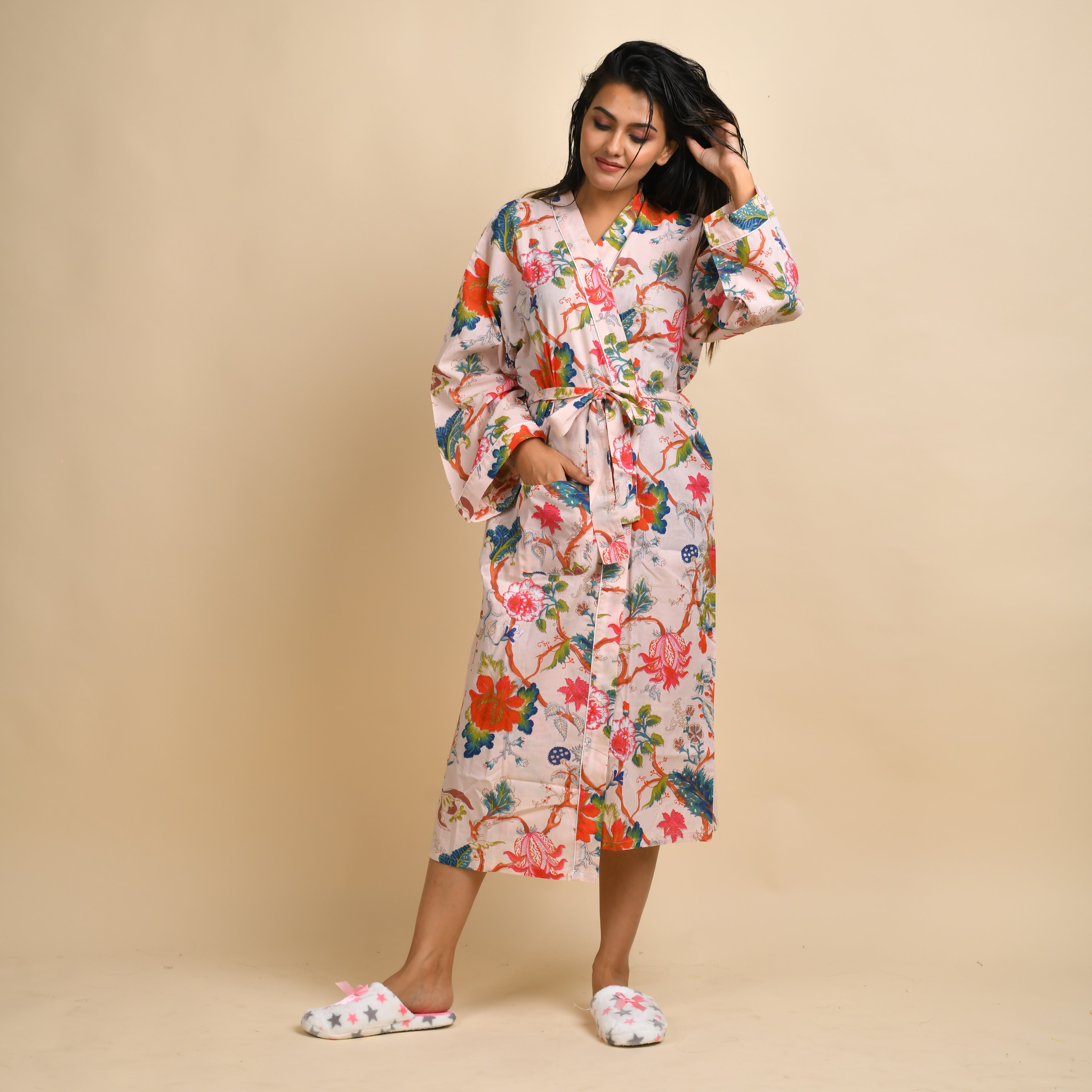 Multi-colour Pure Cotton kimono robe