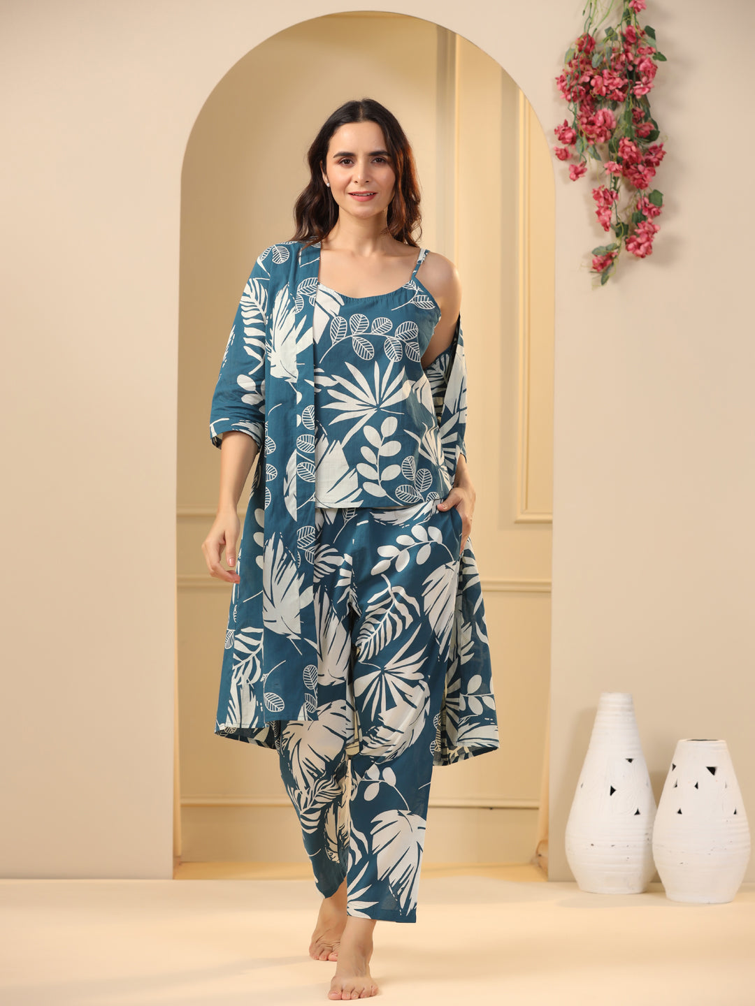 Teal Cotton Printed 3 PEICE  Night Suit Set with Pyjama