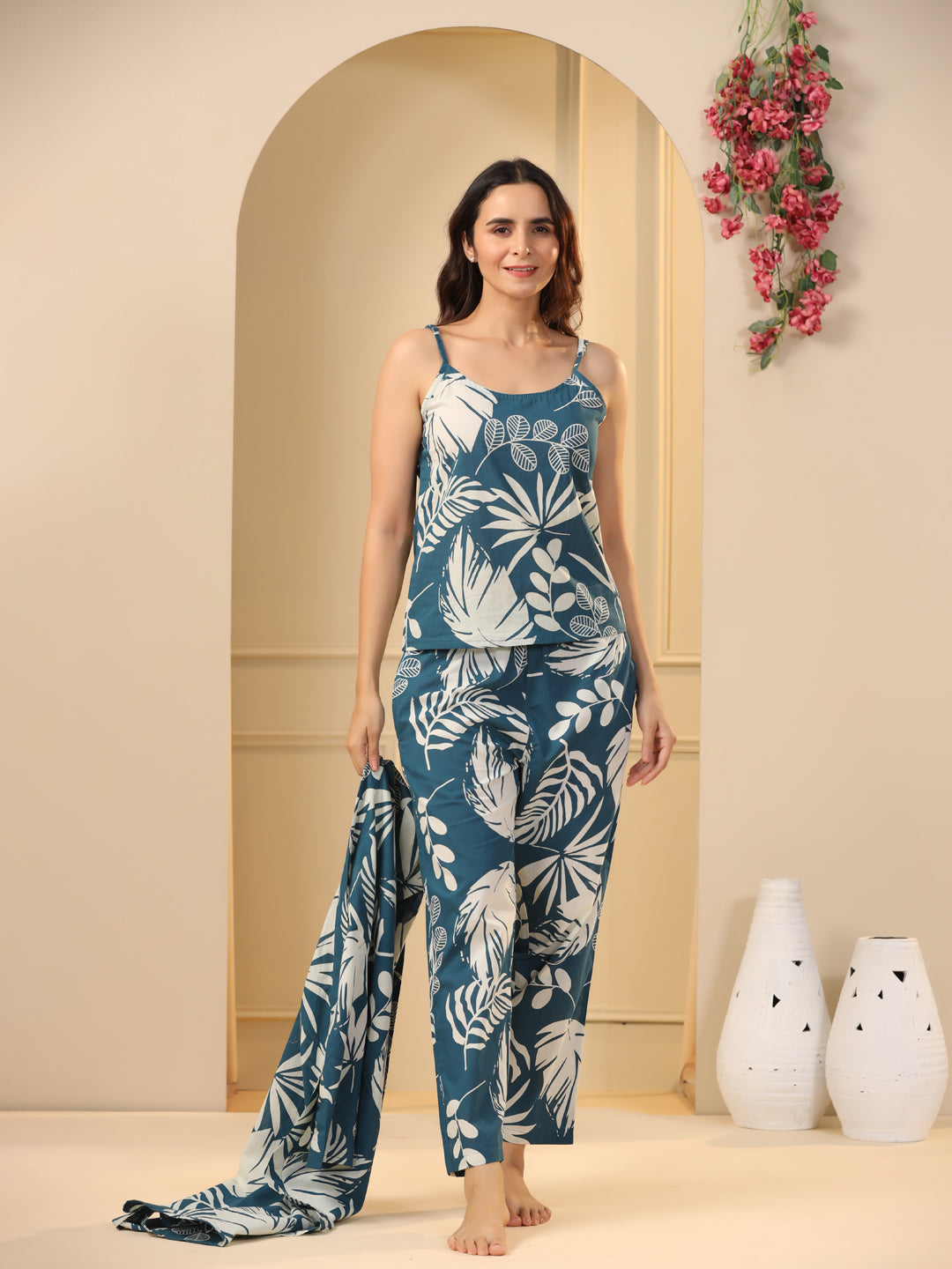 Teal Cotton Printed 3 PEICE  Night Suit Set with Pyjama