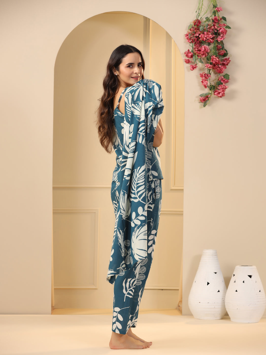 Teal Cotton Printed 3 PEICE  Night Suit Set with Pyjama