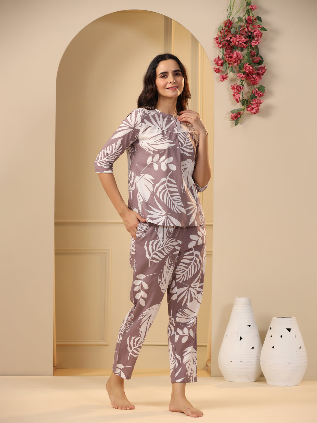 Lilac Cotton Printed Night Suit Set with Pajama