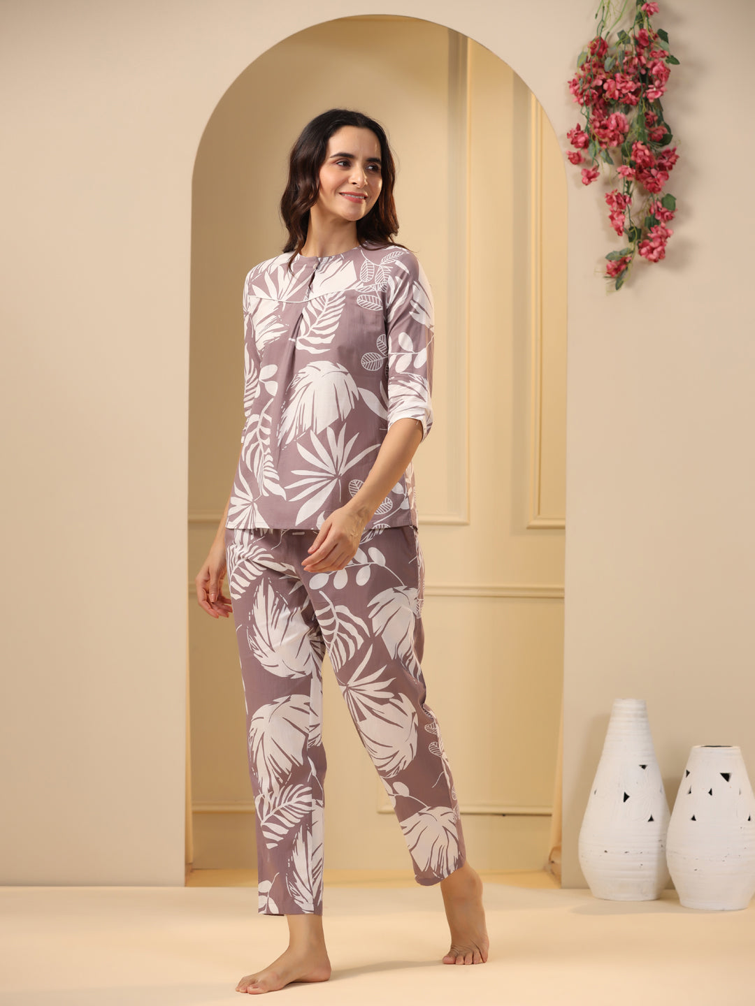 Lilac Cotton Printed Night Suit Set with Pajama