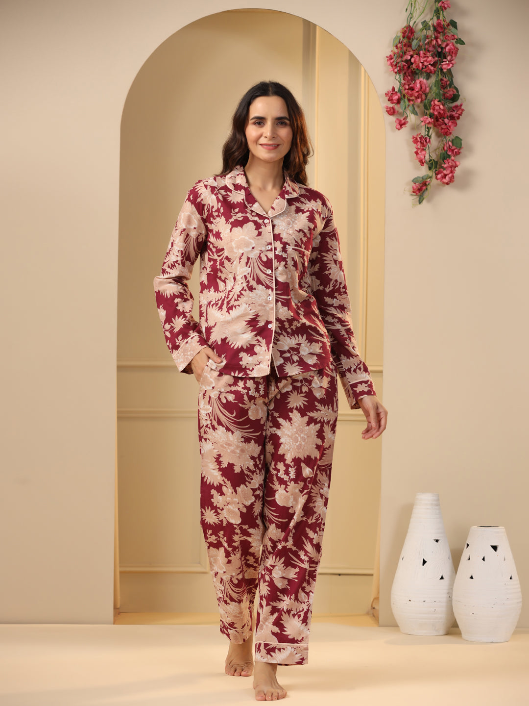 Red maroon Printed Full sleeves Cotton Night suit