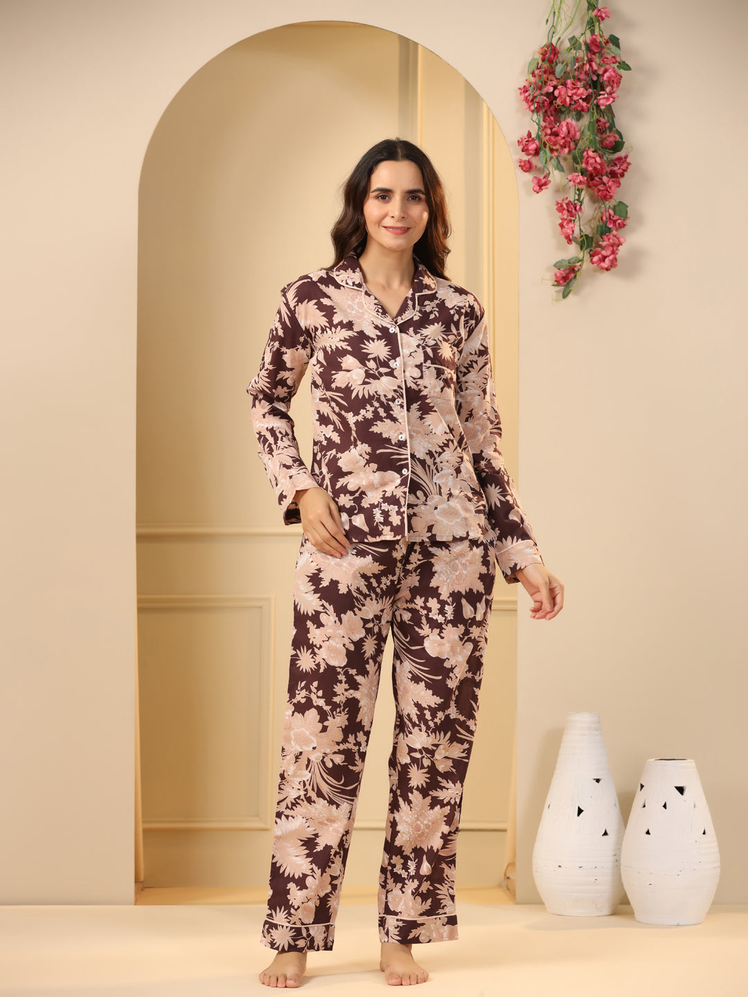 Brown Printed Full sleeves Cotton Night suit