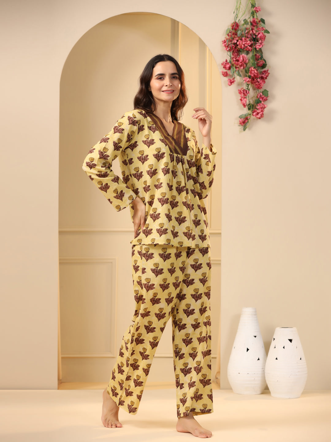 Mustard  printed pure cotton night suit set