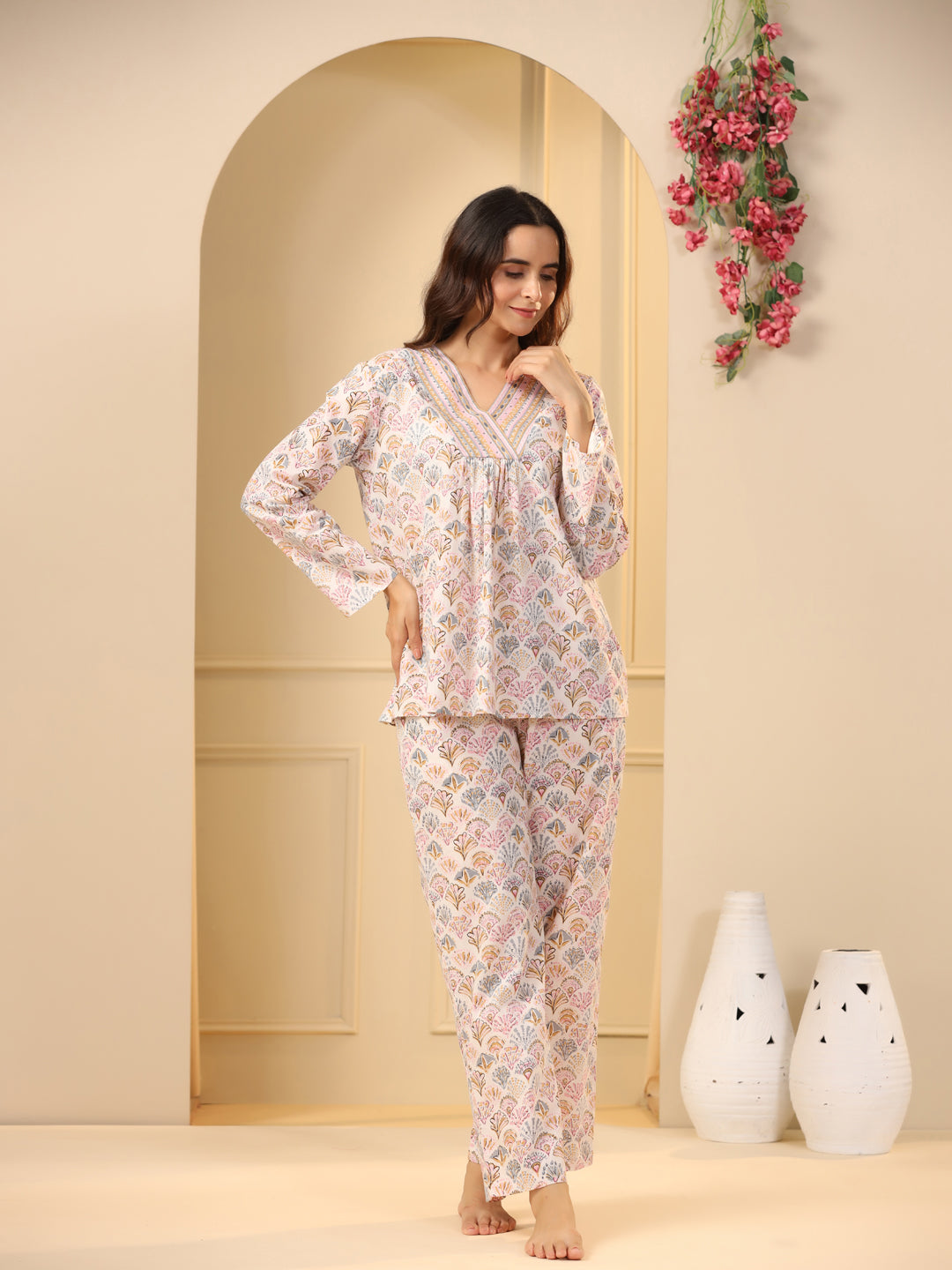 Off -white  printed pure cotton night suit set