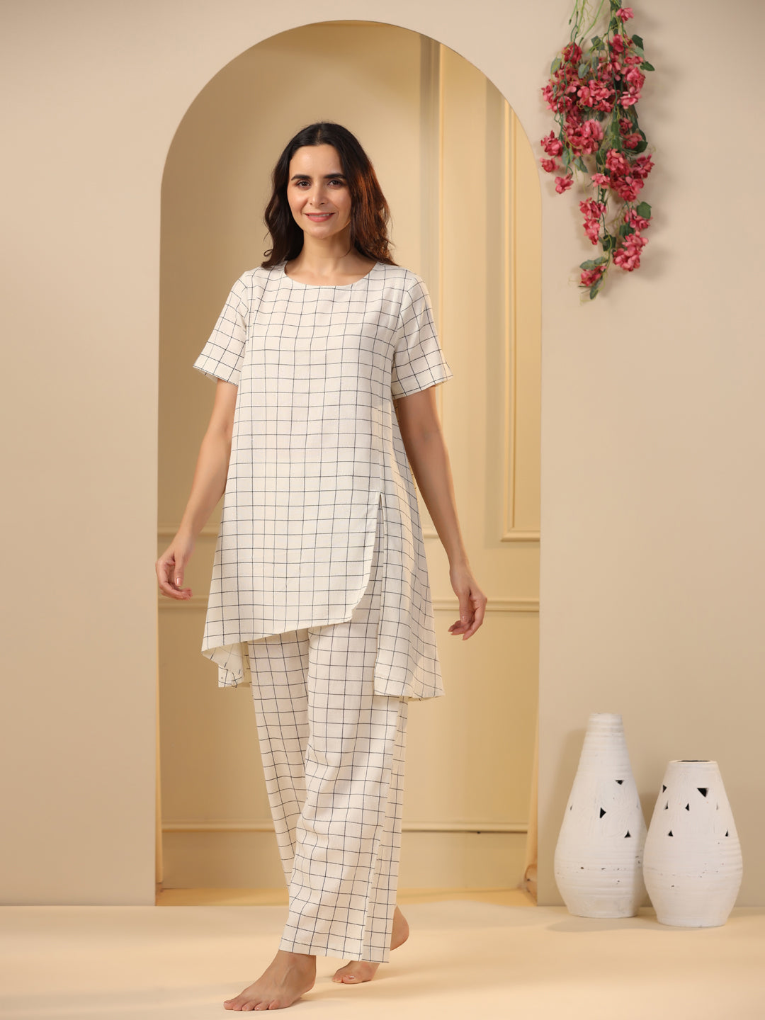 Off-White checks printed pure cotton night suit set