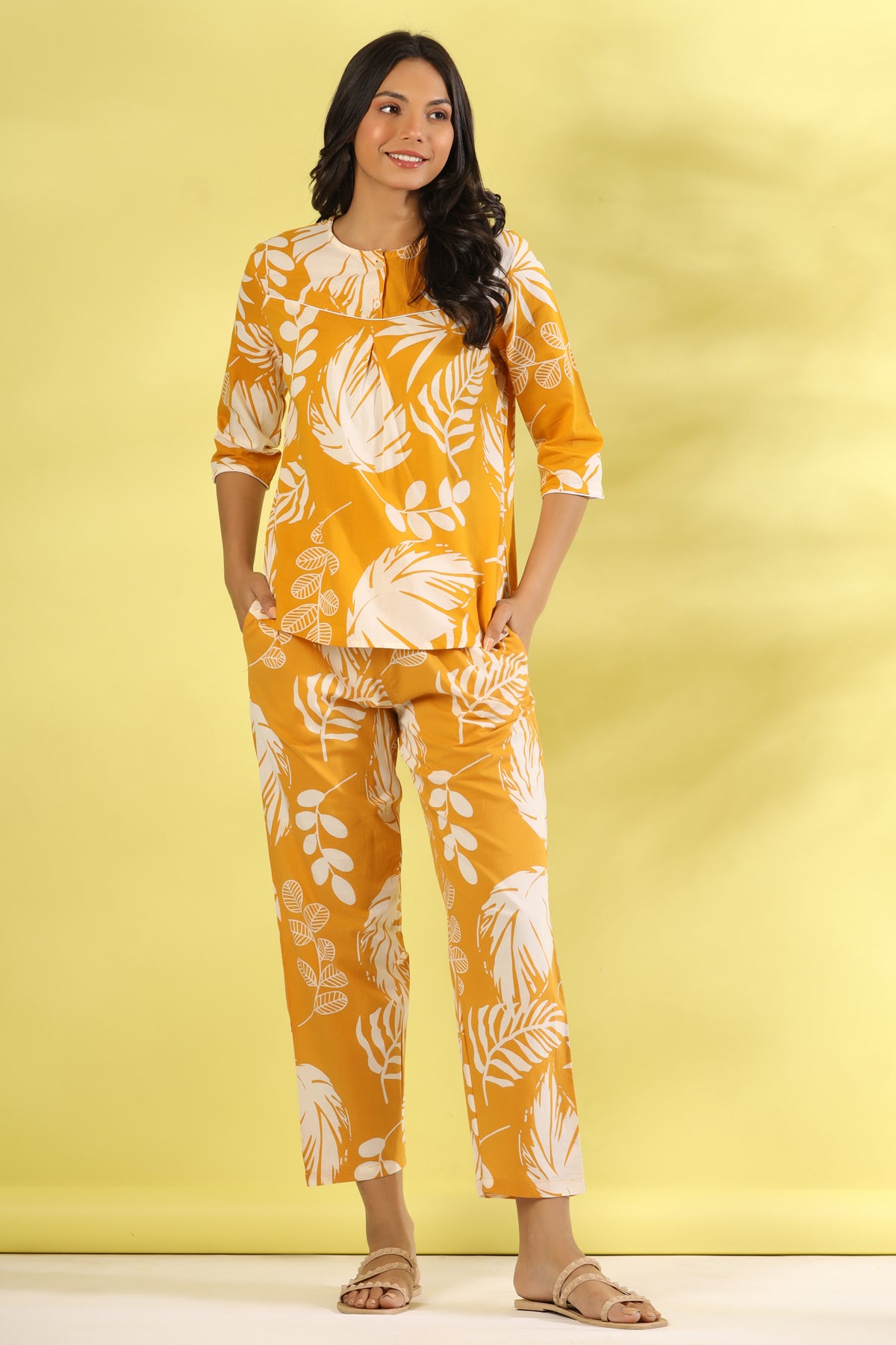 Yellow Cotton Printed Night Suit Set with Pajama