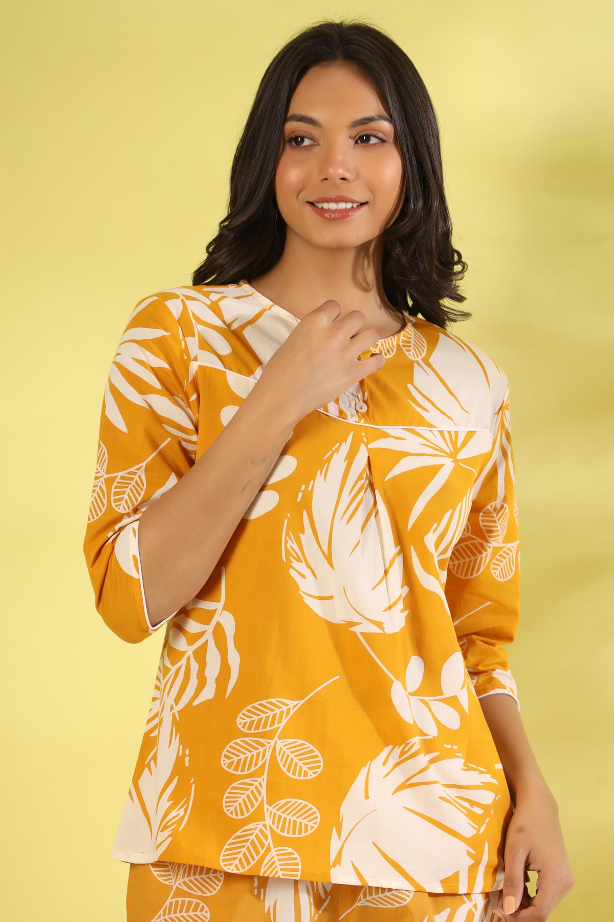 Yellow Cotton Printed Night Suit Set with Pajama