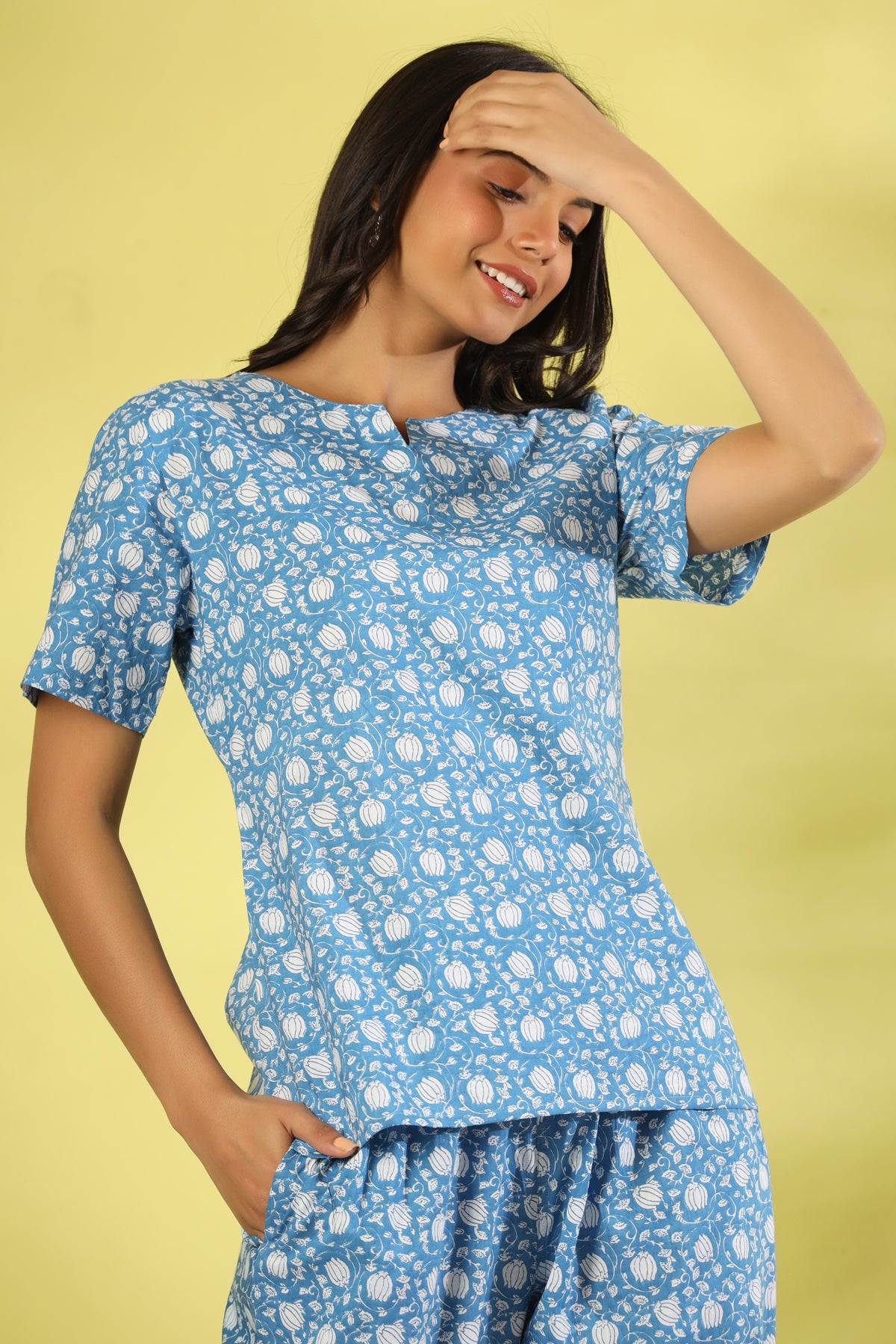 Blue lotus cotton night suit set