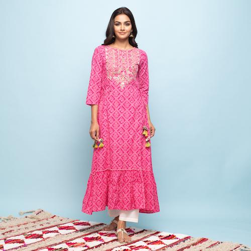 Rangdeep Pink Bandhej Calf length Cotton Kurti