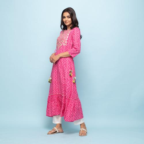 Rangdeep Pink Bandhej Calf length Cotton Kurti