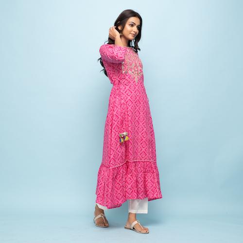 Rangdeep Pink Bandhej Calf length Cotton Kurti