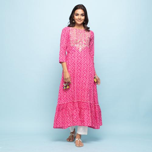 Rangdeep Pink Bandhej Calf length Cotton Kurti