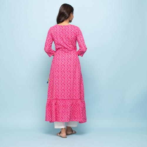 Rangdeep Pink Bandhej Calf length Cotton Kurti