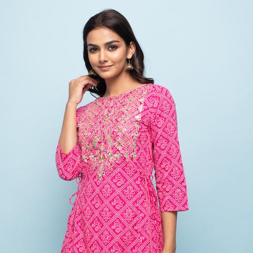 Rangdeep Pink Bandhej Calf length Cotton Kurti