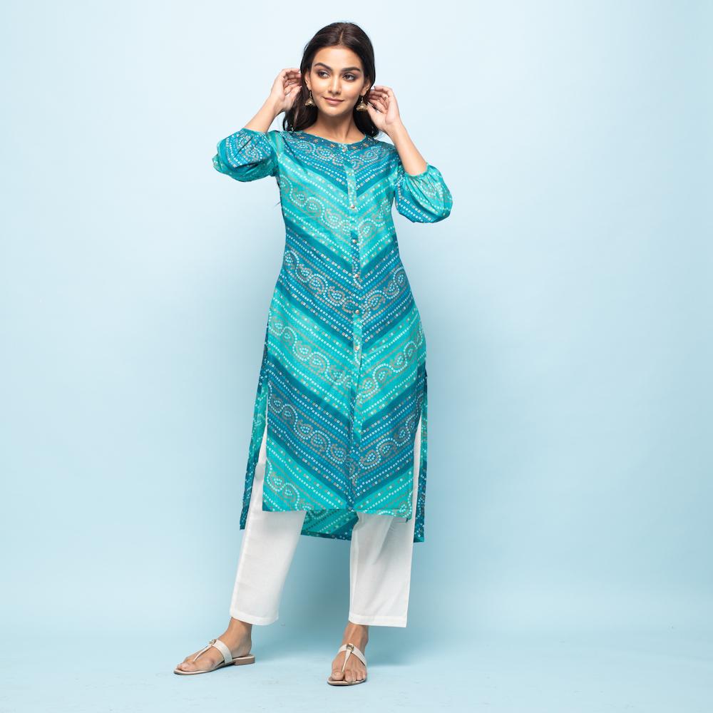 Rangdeep Indigo Bandhej Calf length Cotton Kurti