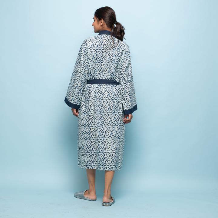 Blue Triangles Cotton Hand printed Couple kimono robe