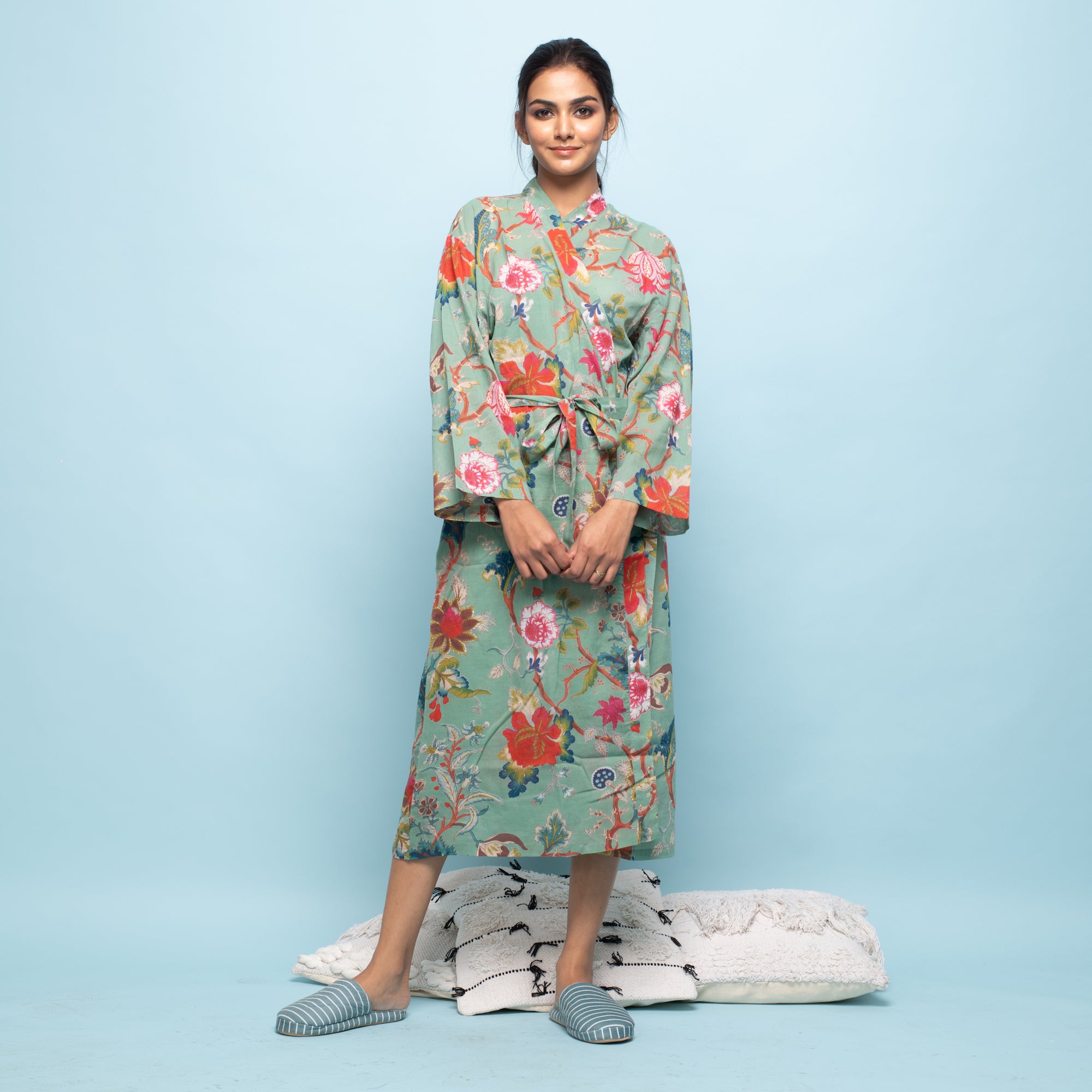 Light Green Cotton Hand printed kimono robe