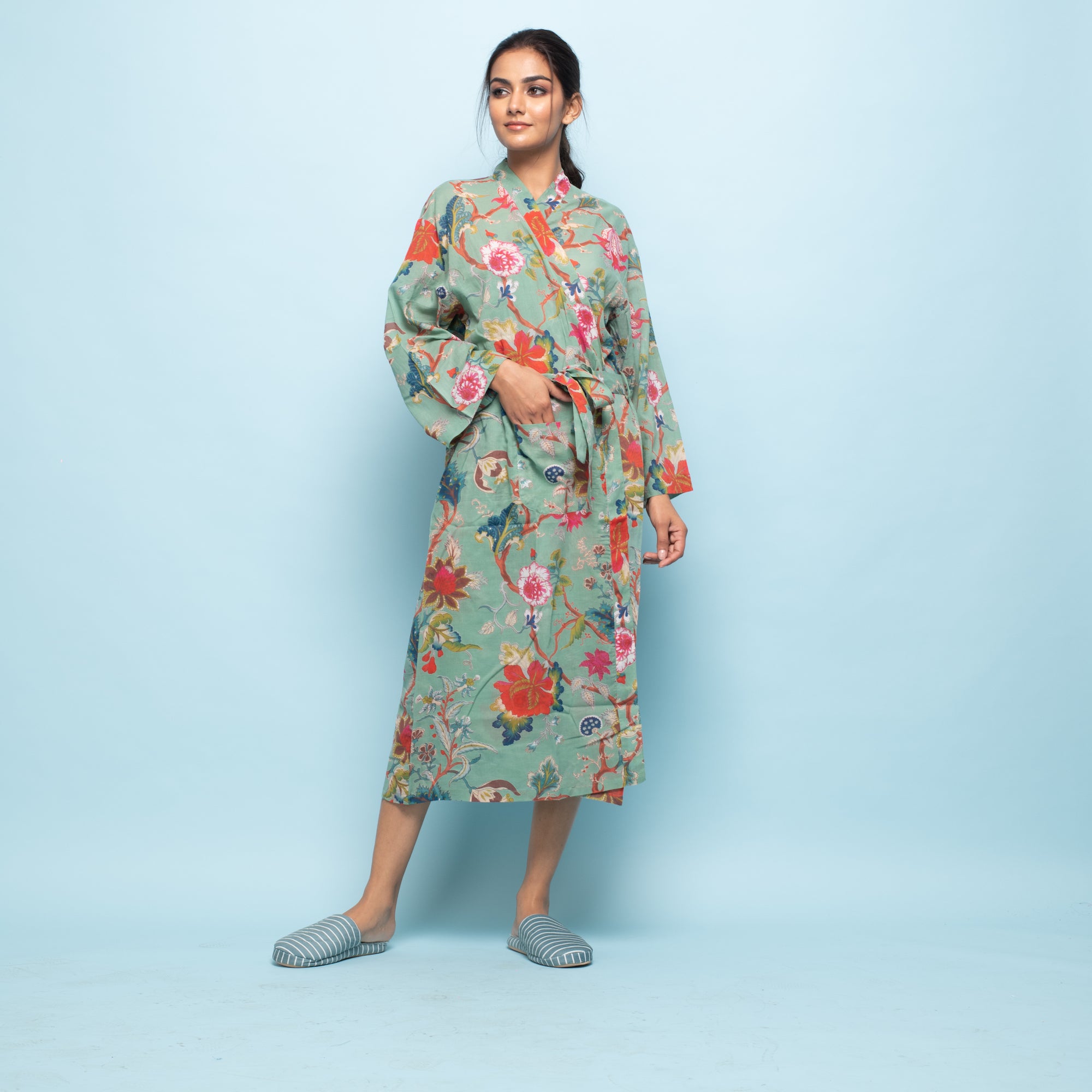 Light Green Cotton Hand printed kimono robe