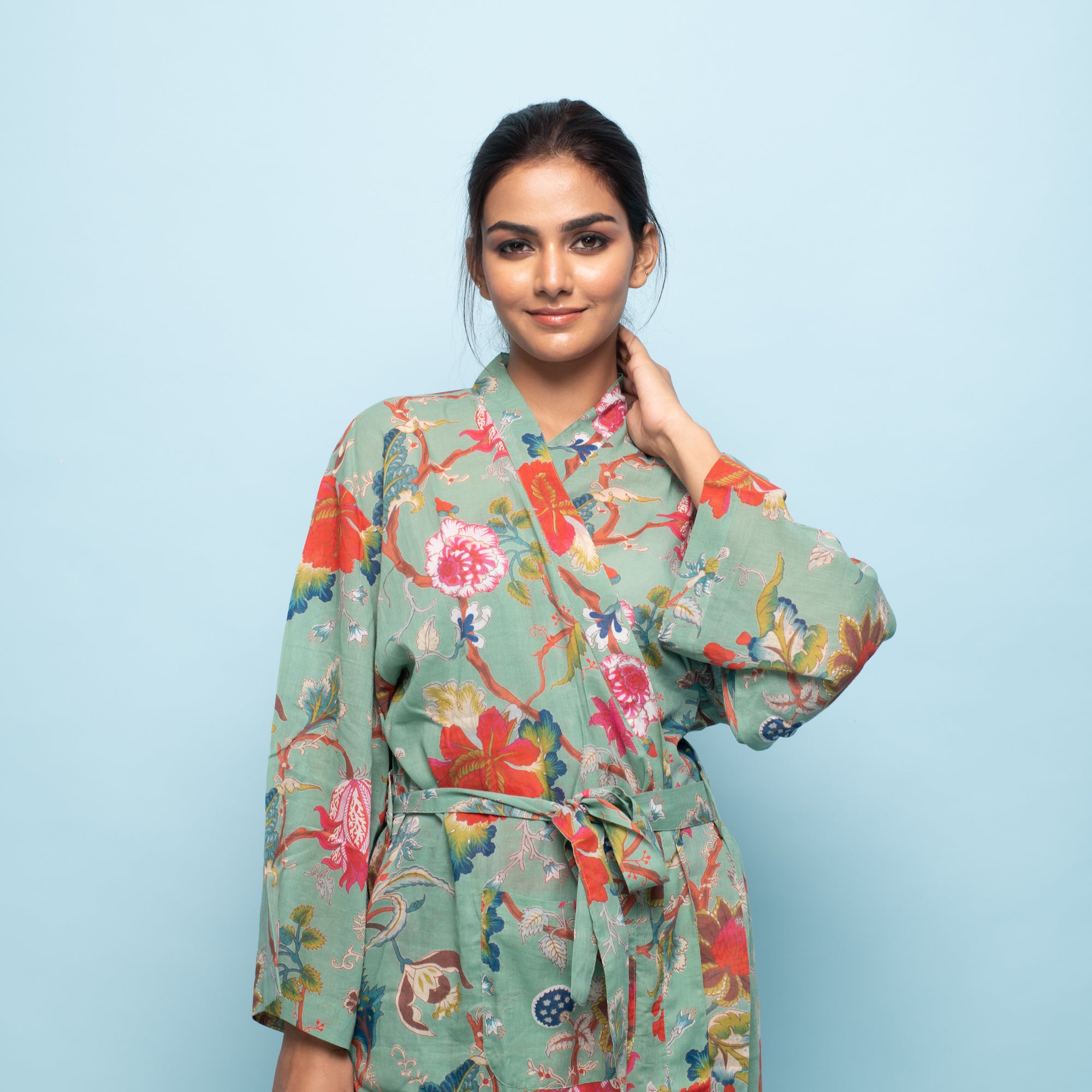 Light Green Cotton Hand printed kimono robe