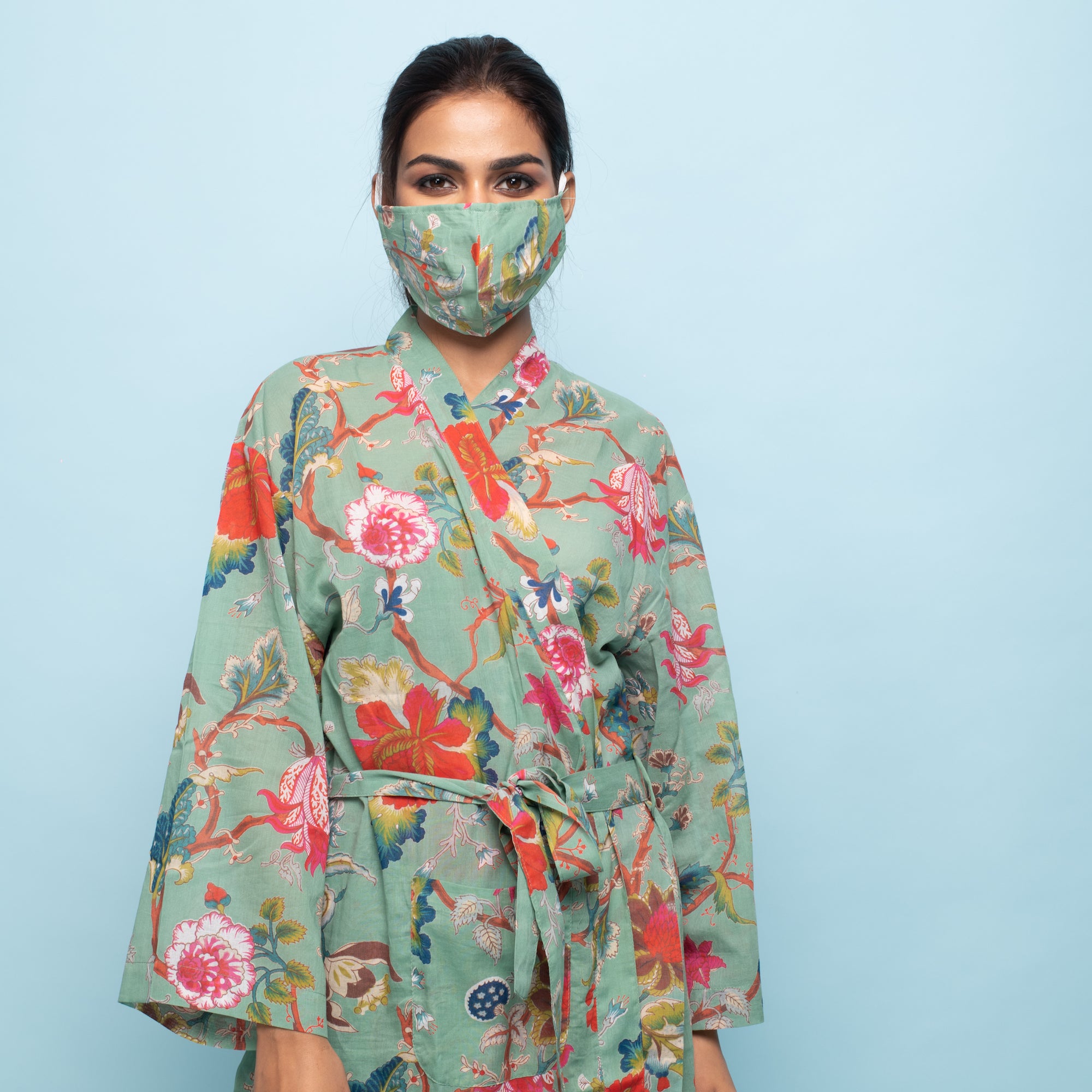 Light Green Cotton Hand printed kimono robe