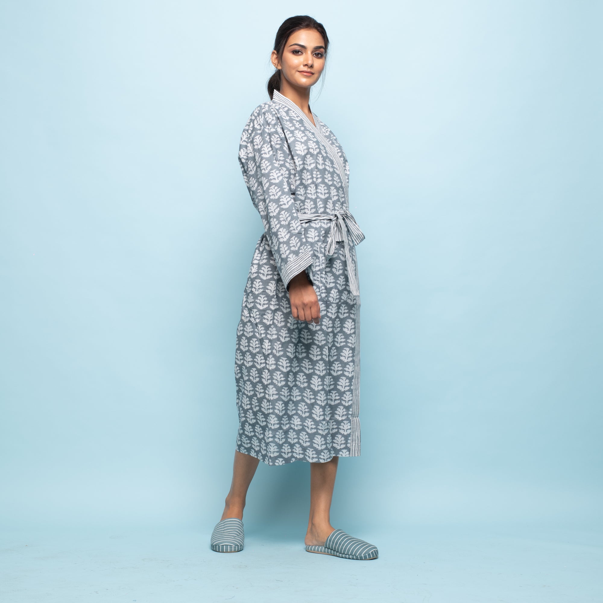 Grey Cotton Hand printed kimono robe