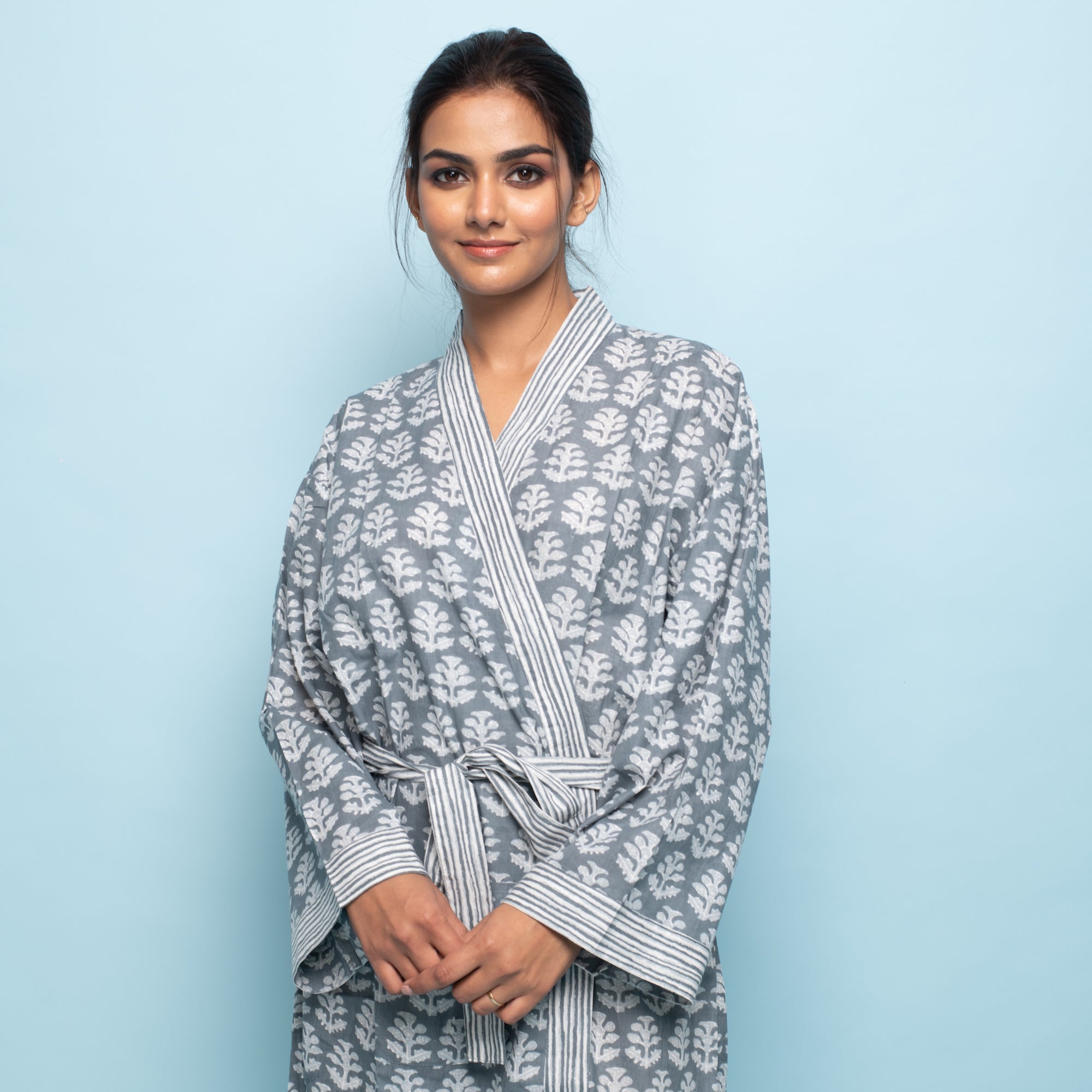 Grey Cotton Hand printed kimono robe