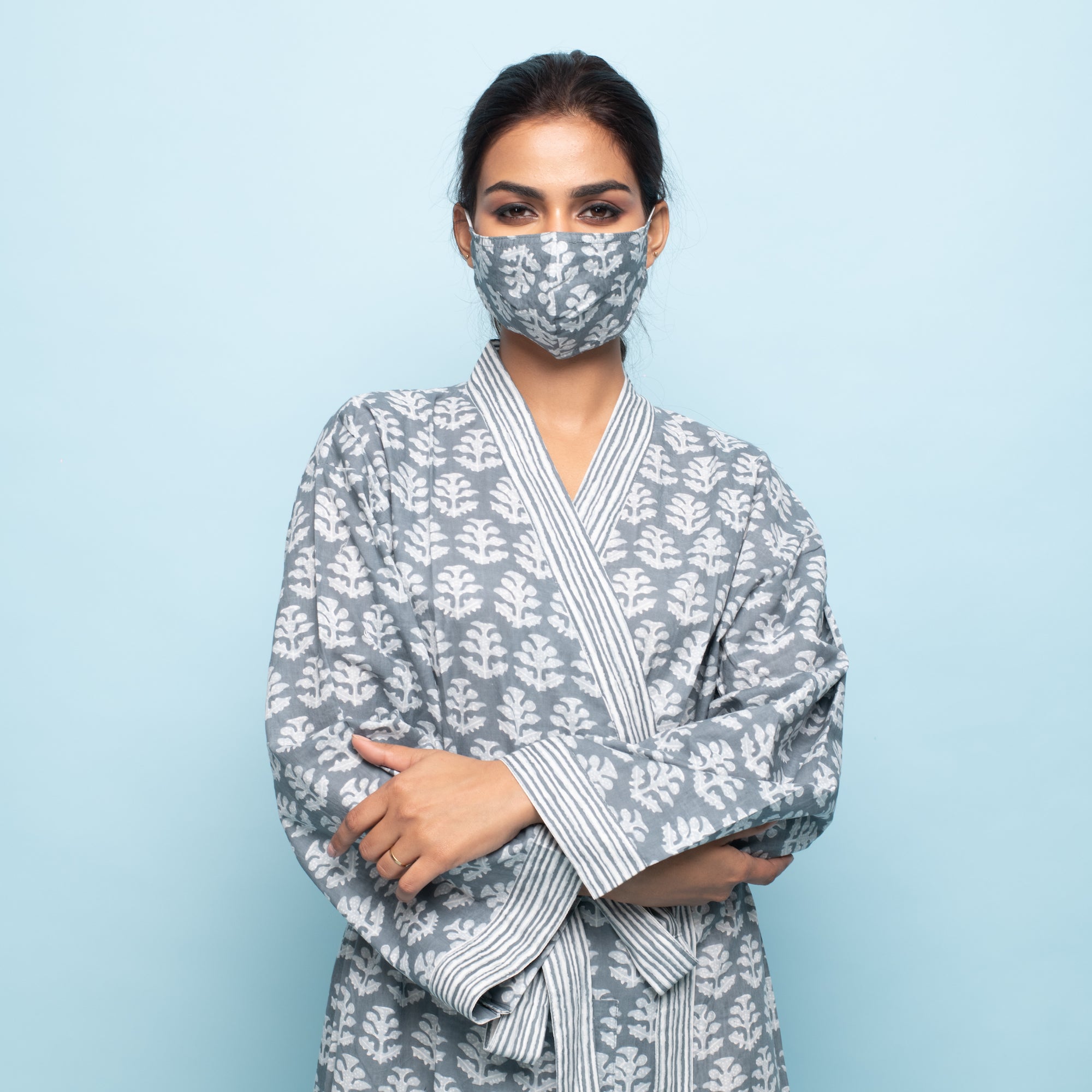 Grey Cotton Hand printed kimono robe