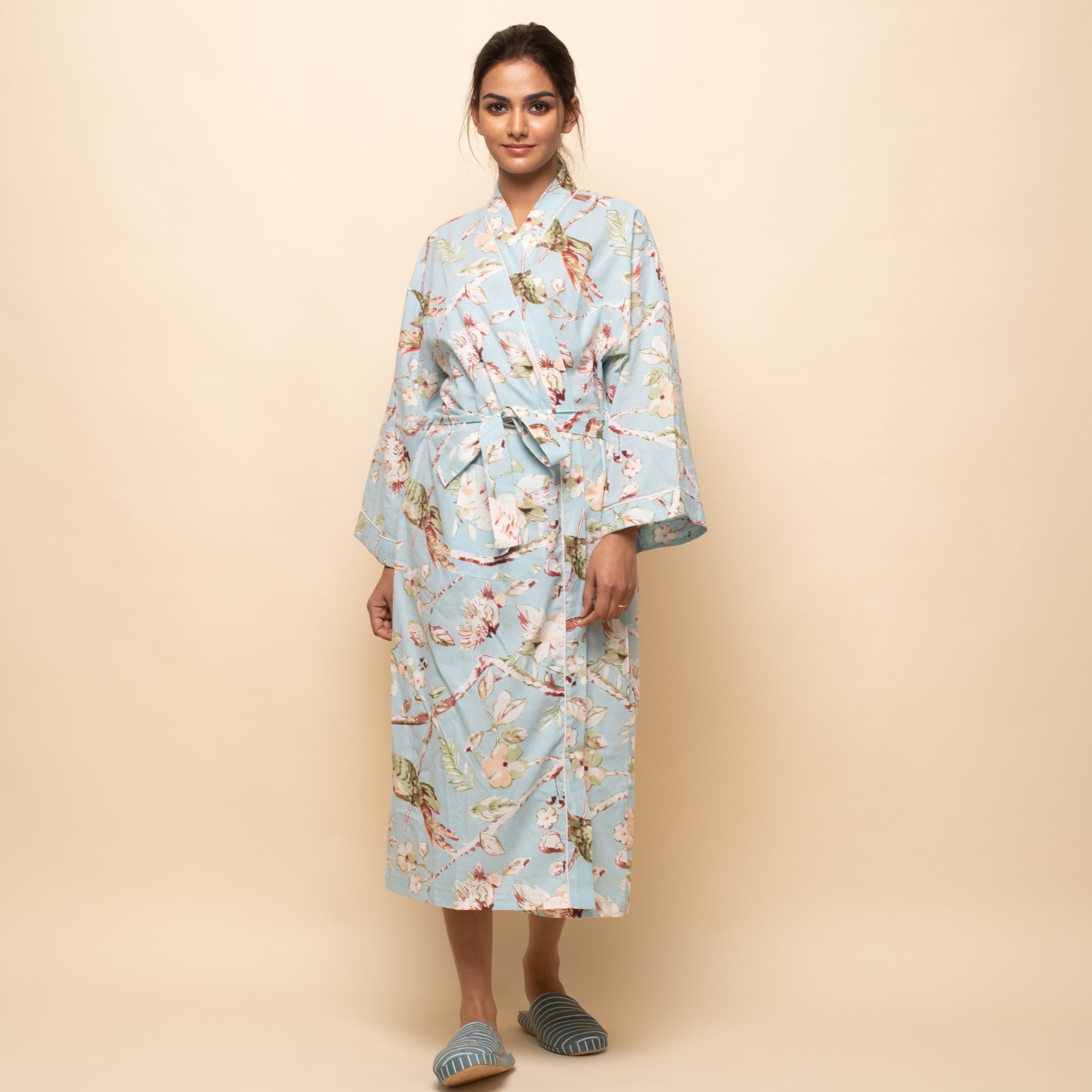 Sky blue Cotton Hand printed Couple kimono robe