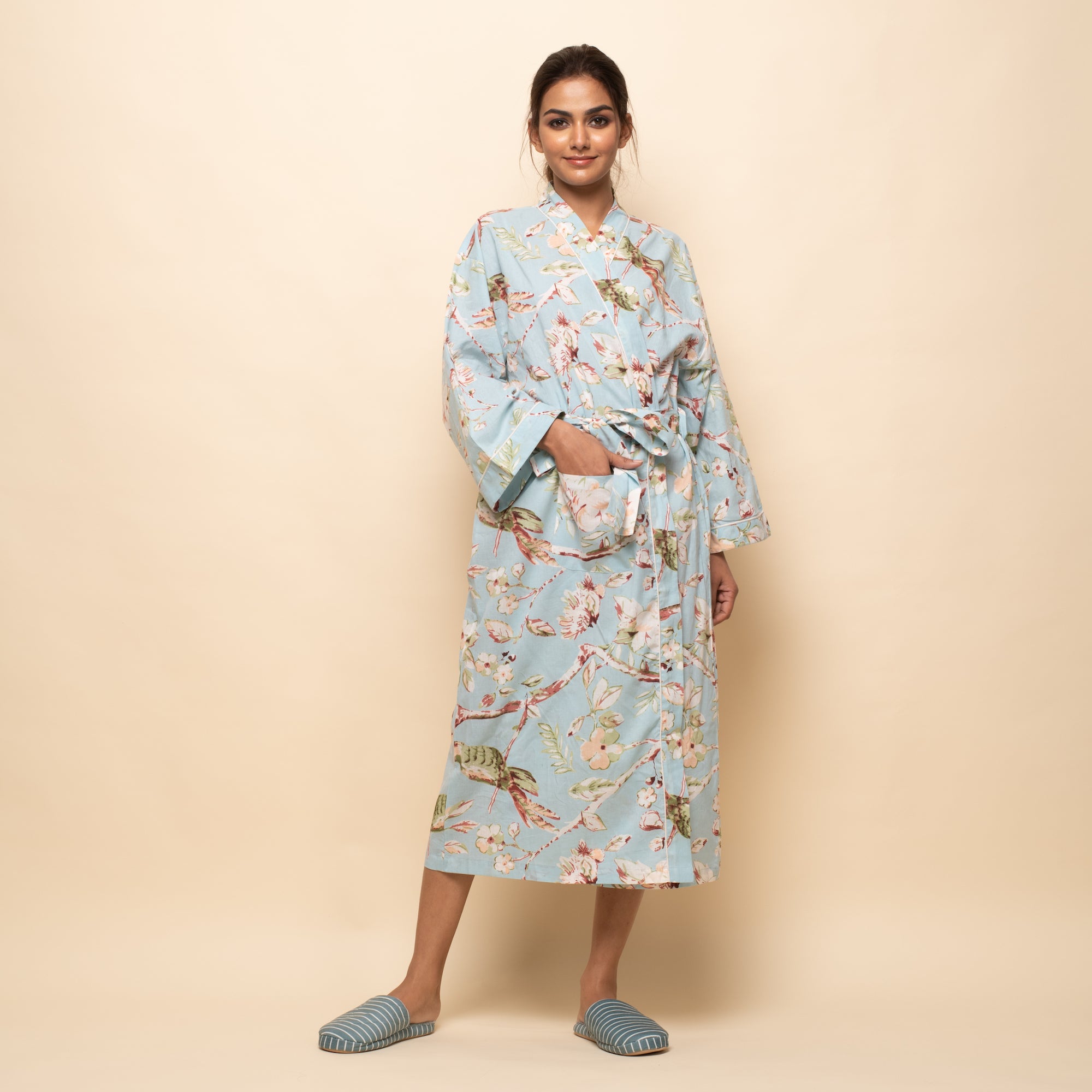 Sky blue Cotton Hand printed Couple kimono robe