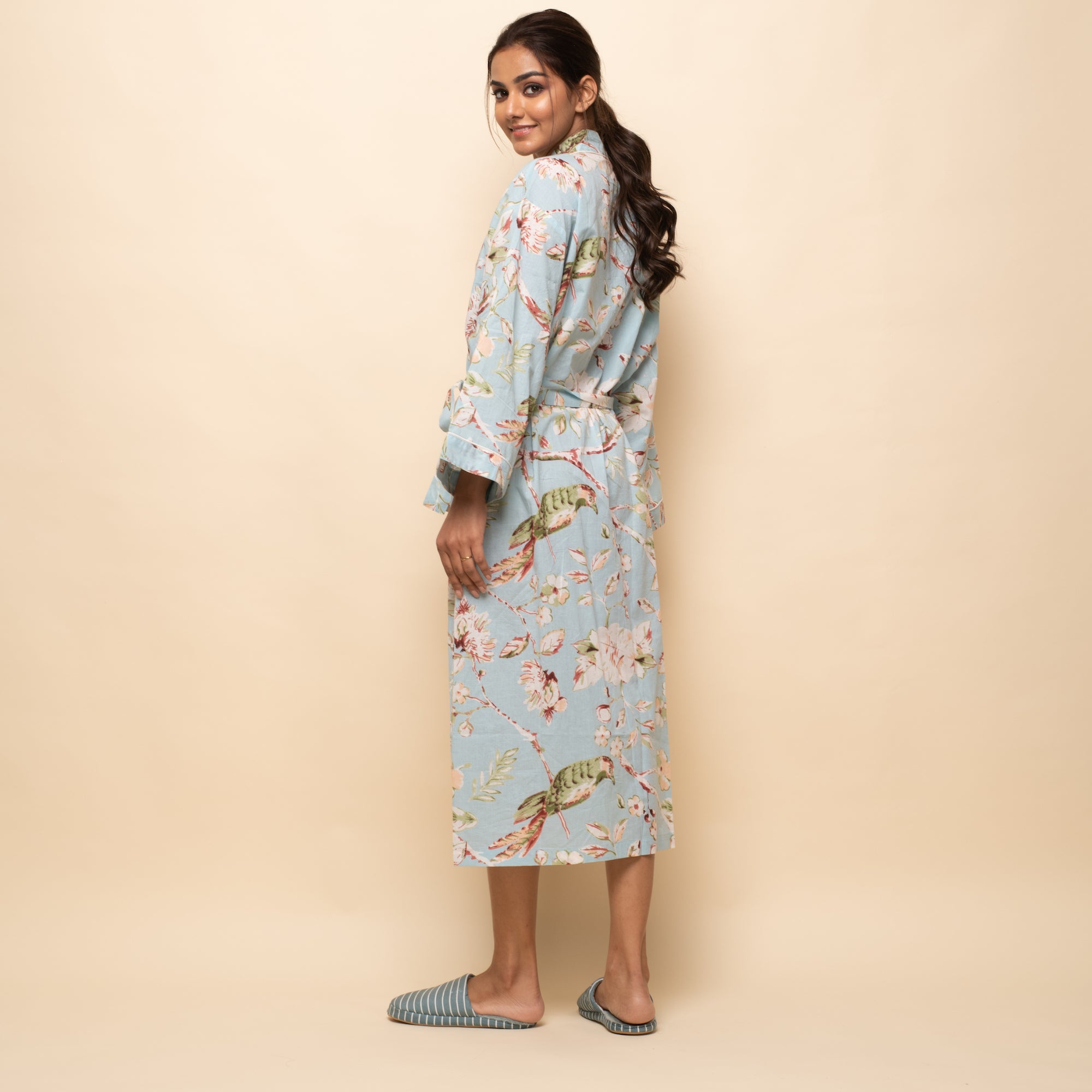 Sky blue Cotton Hand printed Couple kimono robe