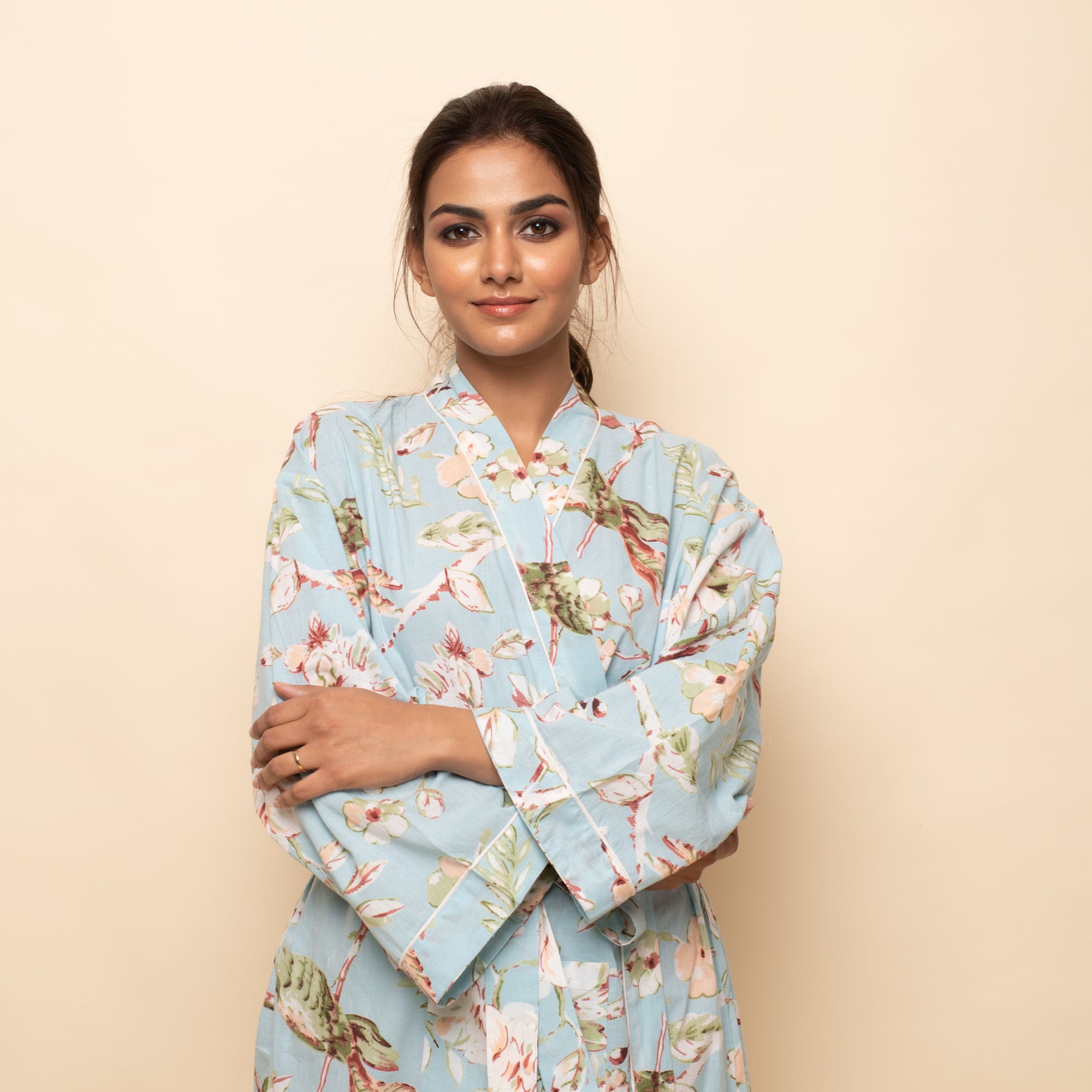 Sky blue Cotton Hand printed Couple kimono robe