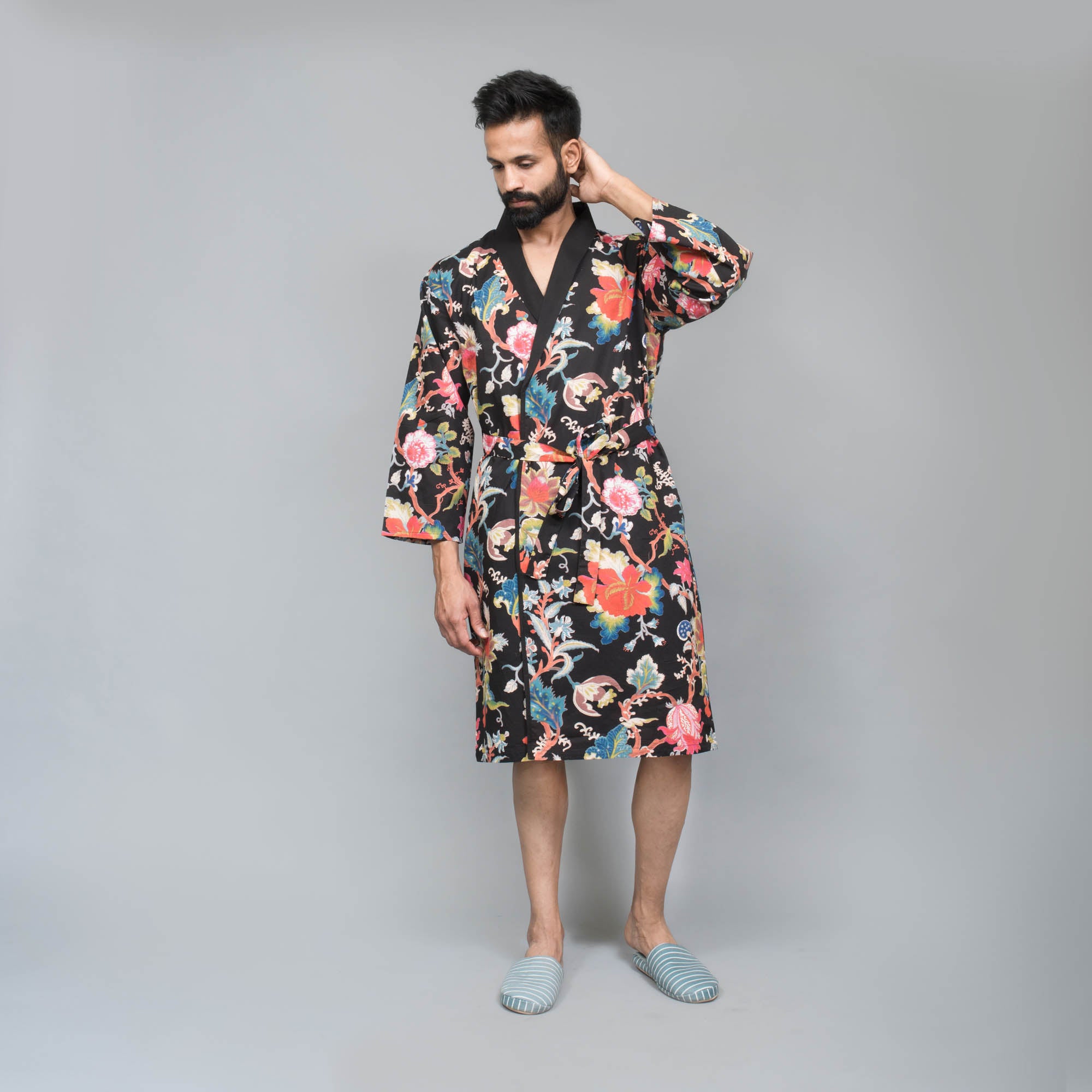 Men's Black Cotton Hand printed kimono robe