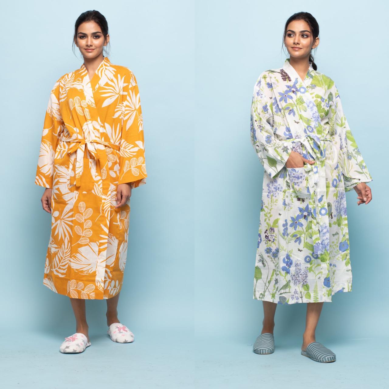 Set of 2 Comfy Cotton Hand printed kimono robe