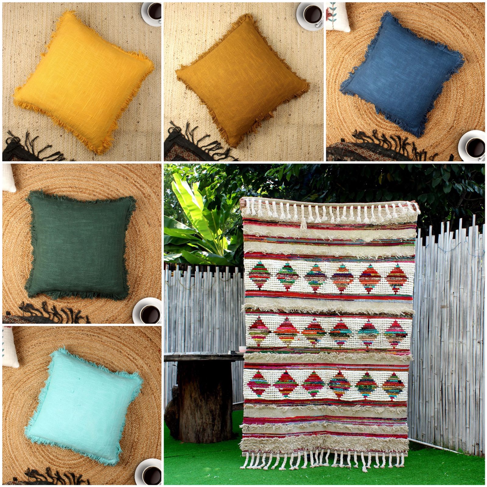 Hand-weaved 100% Multi-color Rug with a set of 5 Cushion Covers