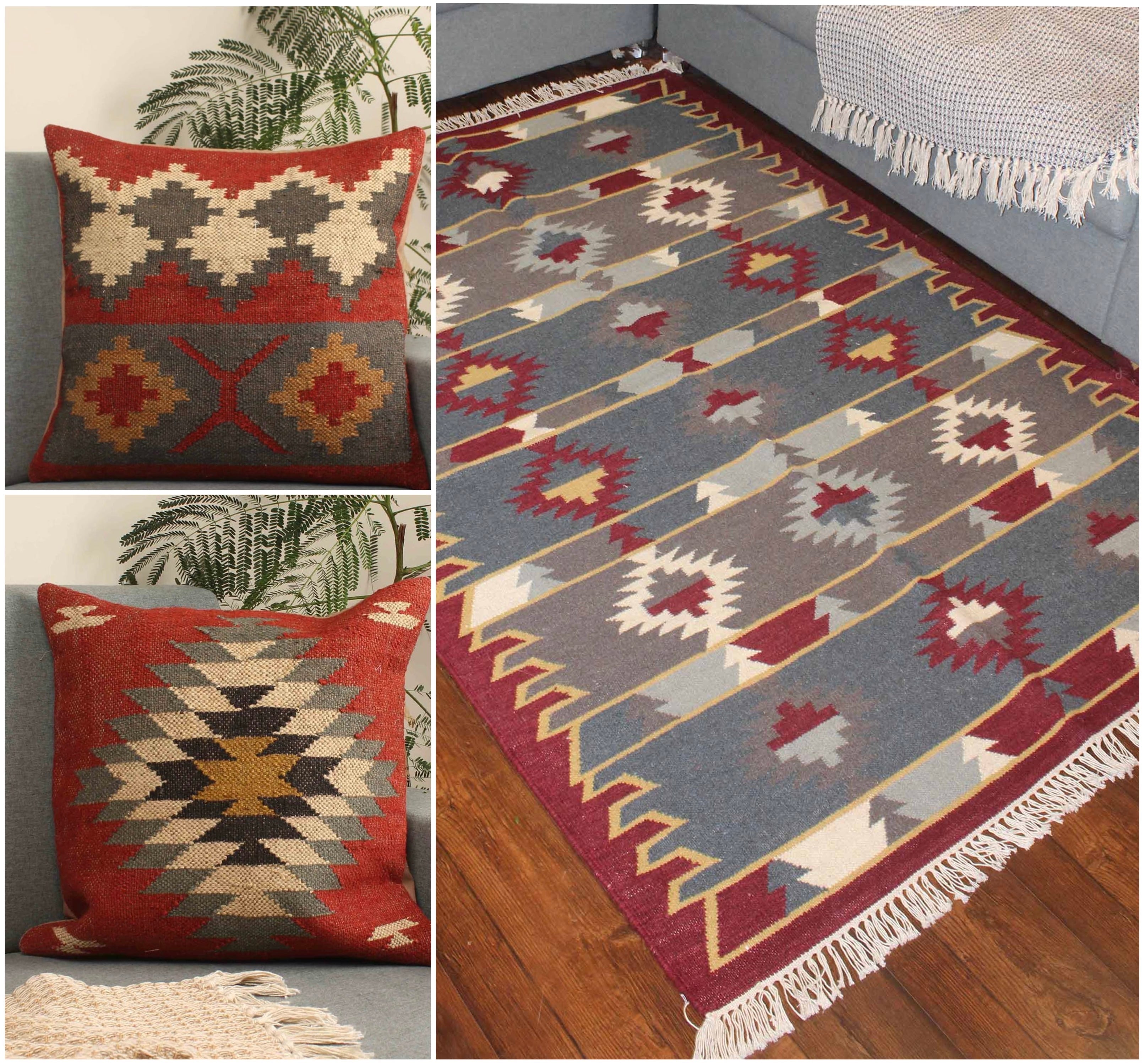 Hand-weaved Jute Multi-color Rug with set of 2 cushions