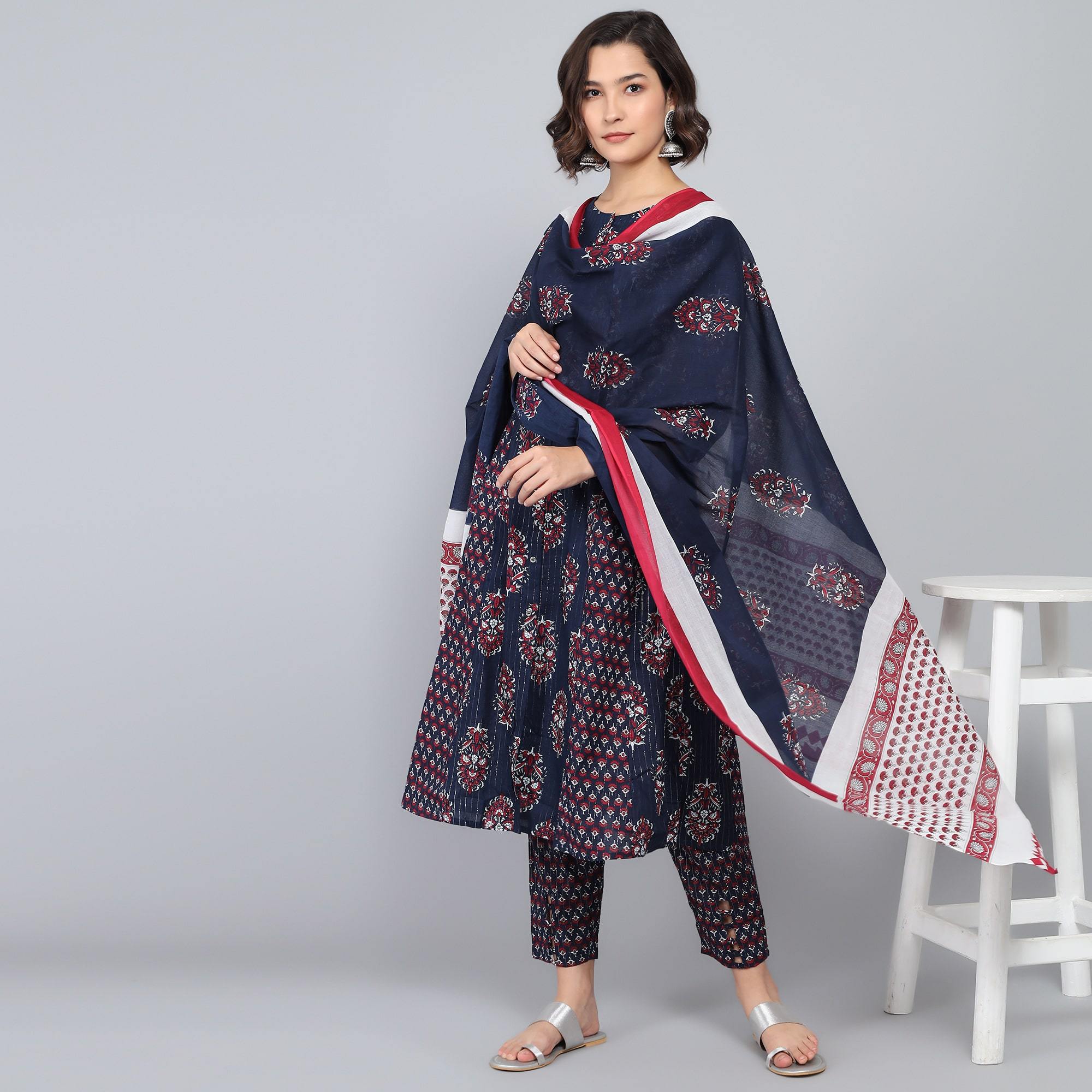 Rang Deep Midnight Blue Block Print Cotton Set of Kurti With Pant & Dupatta Kurti Dupatta set Pant Rangdeep-Fashions Small 