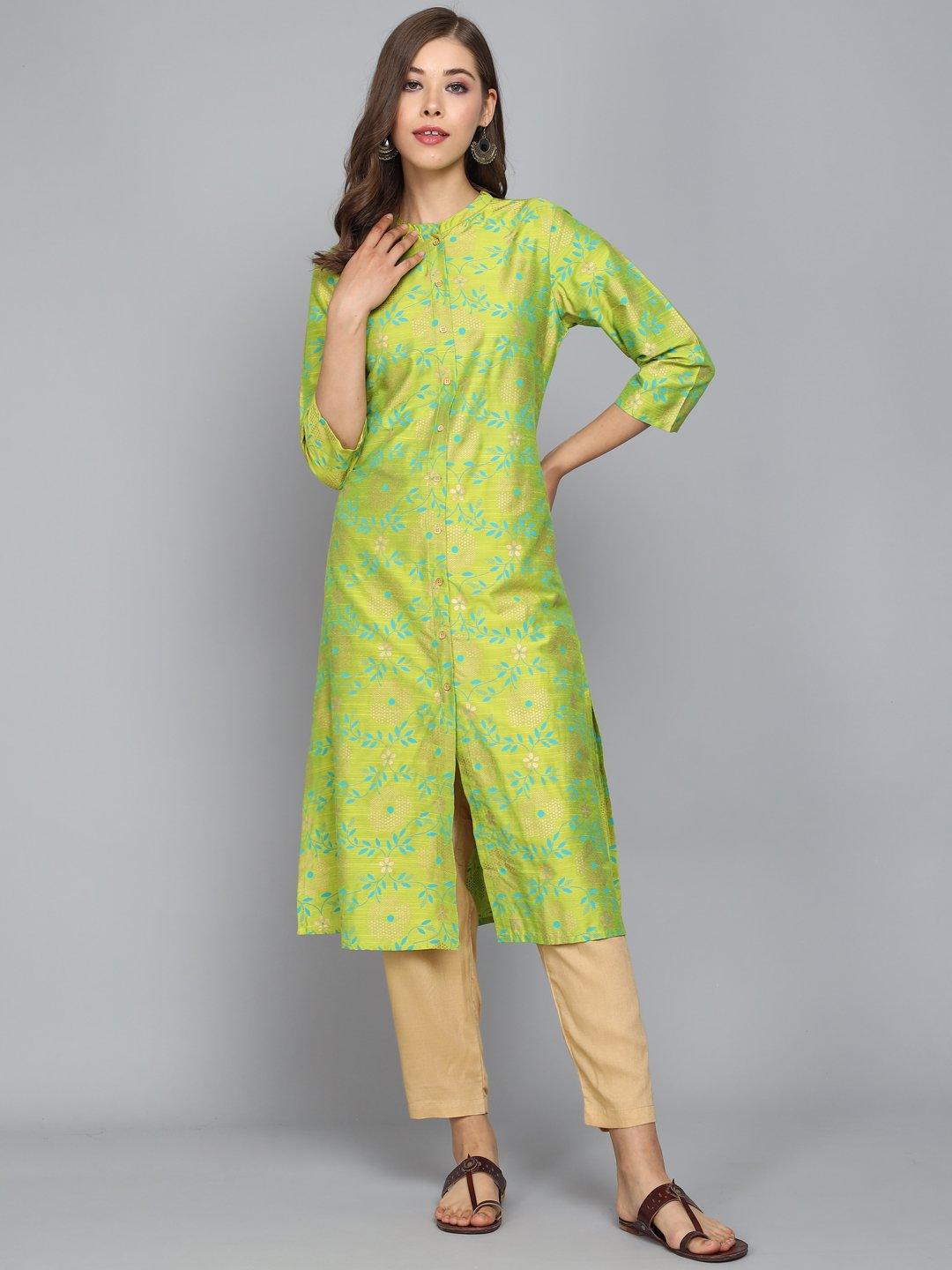 Rangdeep Lime Green Knee length Viscose Straight Kurta Viscose Kurtis Rangdeep-Fashions 