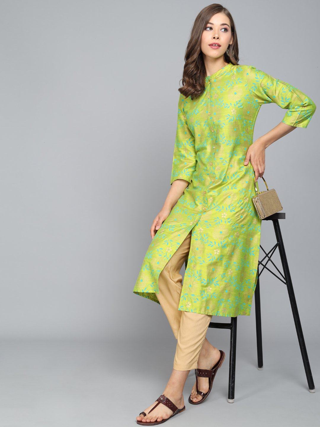 Rangdeep Lime Green Knee length Viscose Straight Kurta Viscose Kurtis Rangdeep-Fashions 