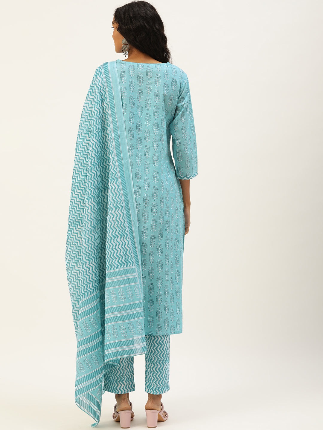 Women Sea Green Ethnic Motifs Printed Mirror Work Pure Cotton Kurta with Trousers & With Dupatta Kurti Dupatta set Pant Rangdeep-Fashions 