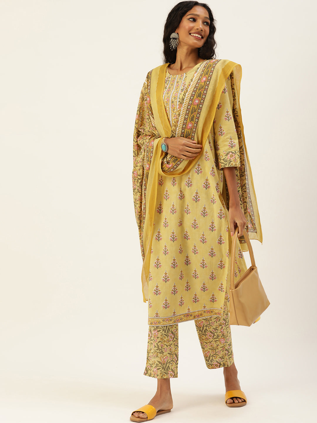 Women Yellow Pure Cotton Ethnic Printed Gotta Patti Kurta with Trousers & Dupatta Kurti Dupatta set Pant Rangdeep-Fashions 